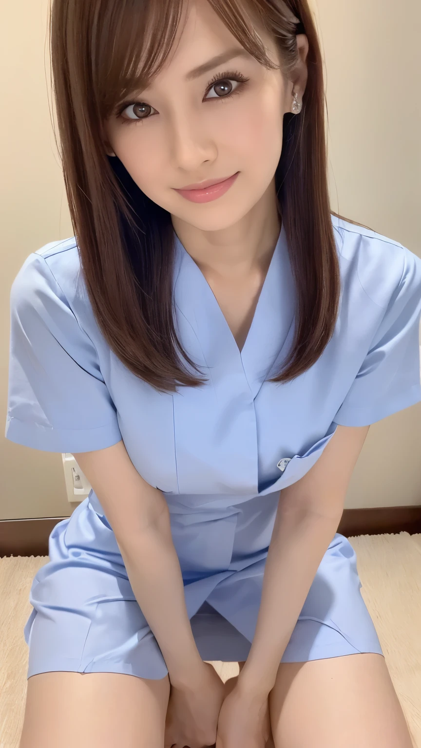 (UHD, masterpiece, anatomically correct, textured skin, super detail, best quality, highres, 8k, bloom, Front Light), (Cute and sexy 24 year old nurse, sexy face, distant eyes, Gentle eyelids, thin eyebrows, Gentle corners of the eyes, beautiful aquiline nose:1.4, completely charm you, Eyes that feel erotic, A taste of beautiful eroticism, Too cute beauty), (brown hair, long hair, straight hair, bangs), (gal makeup, eyeliner, lip gloss), (plump breasts, cleavage:1.4, Slender proportions), (looking at the camera, Squats with legs spread:1.4, put your hands on your knees, Beautiful inner thighs, Panty shot:1.4, Photographed from below the front:1.3), (nurse uniform, nurse cap, Light blue nurse clothes), (hospital, hospital room, bed, Pure white ceiling), smile, Kitagawa Keiko:1.0