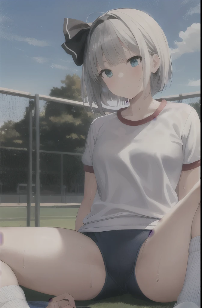 1 girl,alone,Youmu,white shirt,white socks, Gym suit,Dark blue bloomers, sports shoes, sitting, spread legs,schoolyard,outdoor, blue sky,Sweat, front elevation
break
(masterpiece, highest quality,Super detailed,)