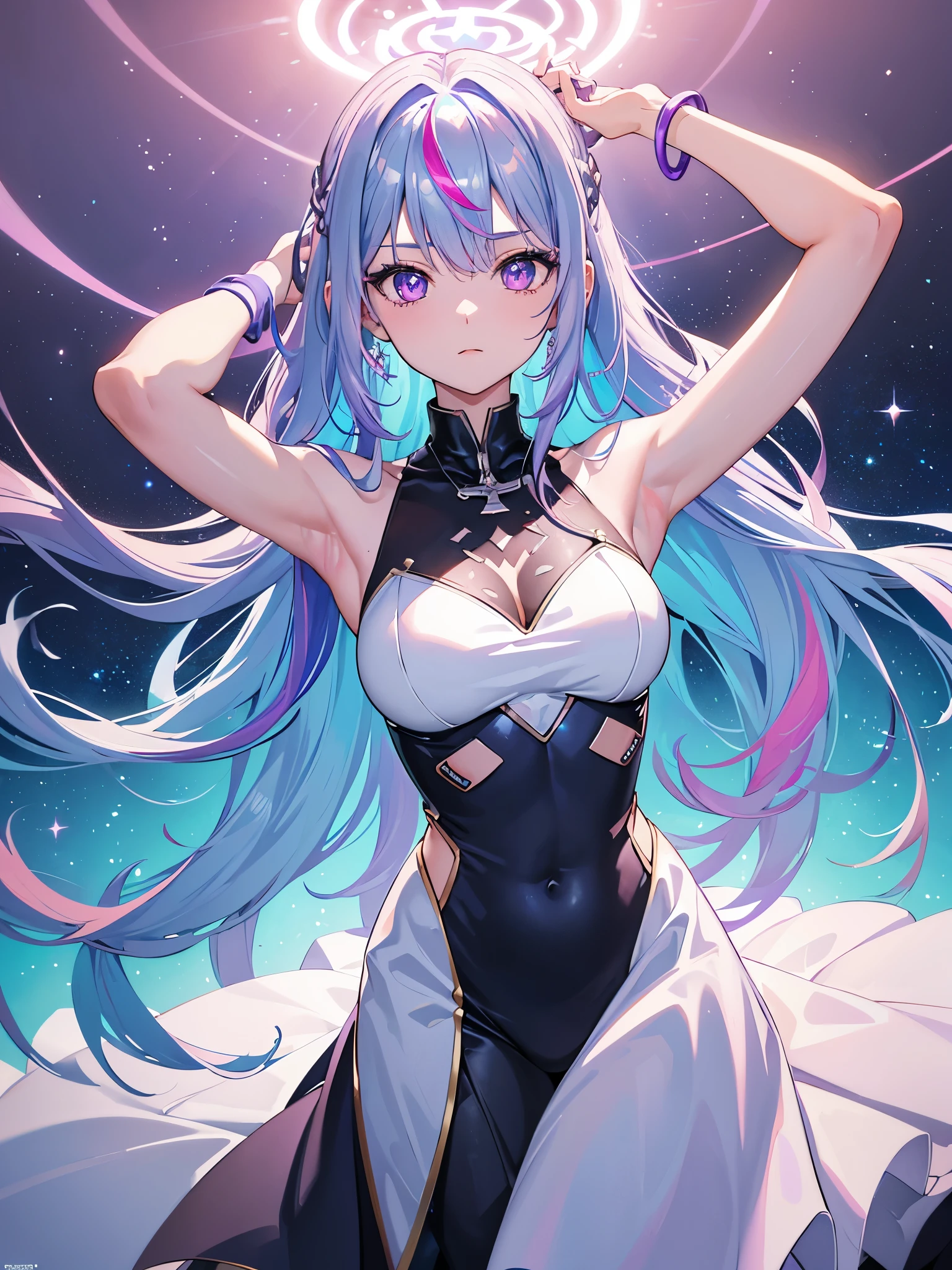 1 girl, 20 year old girl, one person, (Silver blue hair streaked pink purple:1.4), (Gradient sky blue hair ends:1.6), hair strand, absurdly long hair, single sidelock, wavy hair, shiny hair, floating hair, (Illusion deep purple eyes), delicate eyes, aqua eyes, High like real eyes, ((glowing eyes)), makeup, Focus on face, Very detailed facial, hot body, Random environment, Random pose, on the street, looking at the starry night sky, meteor, Technical clothing masterpiece, White extra long skirt, several cross stars beside, Colored lights swirl around the body, (((Extra super huge colorful extra super complex multiple glowing magic circle upright on the back of the head))), cyberpunk, full body shot, realism, chiaroscuro, (glowing light), sparkle, ray tracing, cinematic lighting, Futurism, motion blur, Ultra-Wide Angle, god rays, atmospheric perspective, best quality, UHD, super detail, masterpiece, highres, ccurate, retina