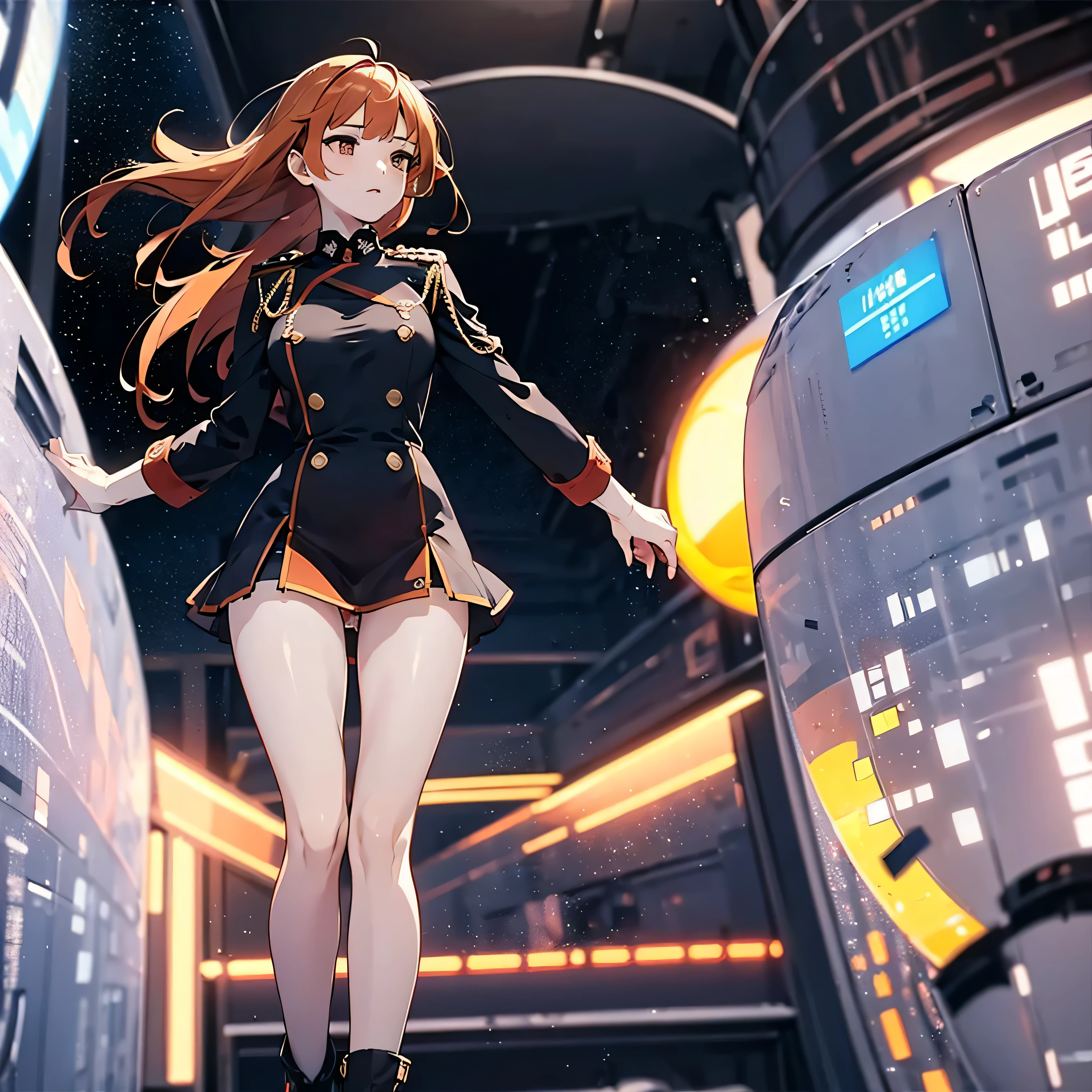 (solo:1.2), 1 childish girl standing in space ship, galaxy in distance, military uniform, too short skirt, (short orange hair), (very long sidelocks), narrow shoulders, narrow waist, skinny long legs, thigh gap, pigeon toed, (nsfw:0.7), orgasm, show off vagina squirting out pussy juice