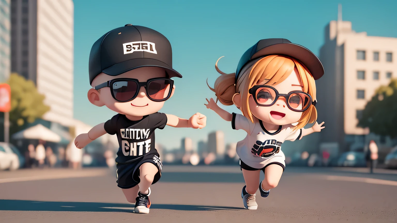 (table top),(highest quality),(Super detailed), (full body: 1.2),boy and girl,Chibi,cute,(city), Black Brim Cap,(T-shirt) with (sneakers) , (boy with black glasses),skin head,(arm cuffs),small eyes,laughter,Running、sprinting、