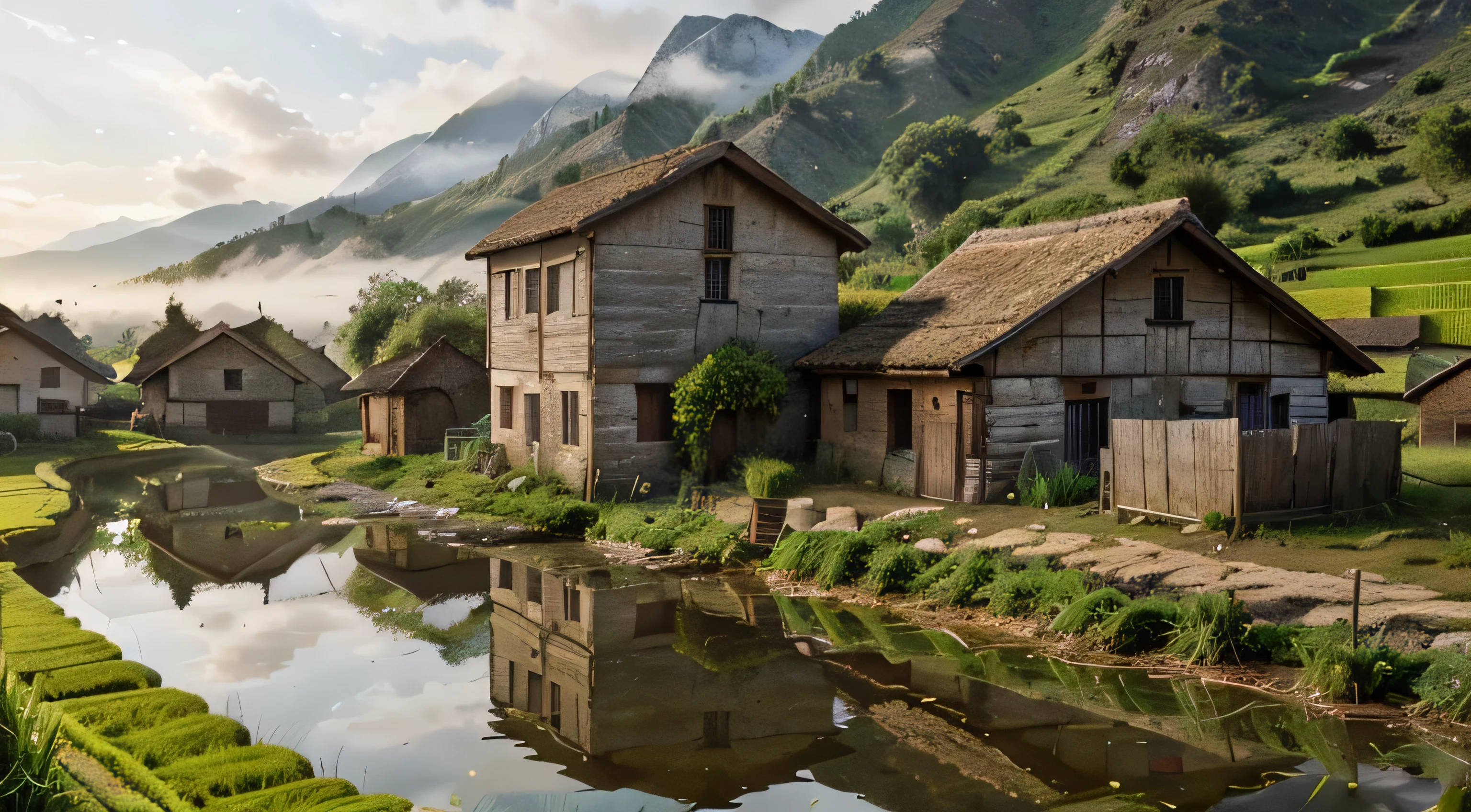 Create ultra-realistic photos of serene morning views in the countryside, complete with small rivers, village houses, rice fields, high mountains, livestock and farmers in the fields. images like professional camera photos produced with a Nikon DSLR camera, size 32k, UHD, HD photos, dramatic cinemaric effects with thin mist