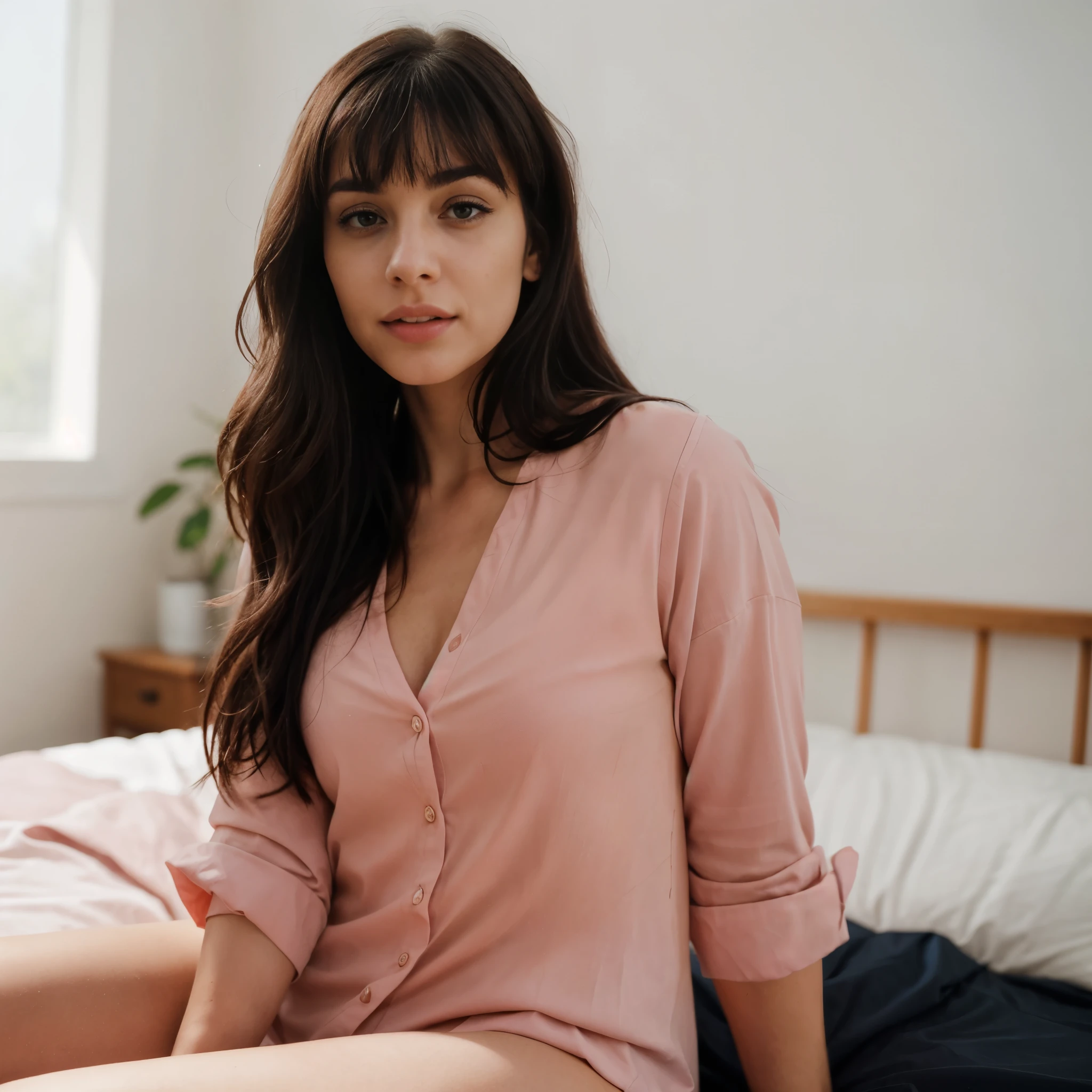 One woman of about 20 years old, black long hair, body measurement 36-25-36, height 5'7", Hazel eyes, lying on bed wearing a pink shirt, close up, with bangs, candid, Full Body full height Shooting, Masterpiece, mobile Photography, daylight, 8k, Top Quality, Photorealistic, Ultra Detailed, (high skin detail:1.2), sharp focus, candid capture