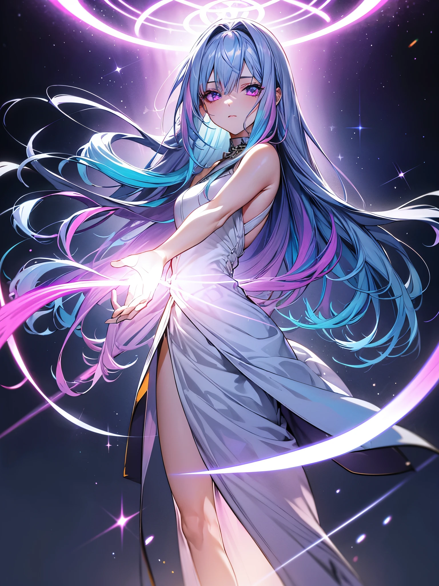 1 girl, 20 year old girl, one person, (Silver blue hair streaked pink purple:1.4), (Gradient sky blue hair ends:1.6), hair strand, absurdly long hair, single sidelock, wavy hair, shiny hair, floating hair, (Illusion deep purple eyes), delicate eyes, aqua eyes, High like real eyes, ((glowing eyes)), makeup, Focus on face, Very detailed facial, hot body, Random environment, Random pose, on the street, looking at the starry night sky, meteor, Technical clothing masterpiece, White extra long skirt, several cross stars beside, Colored lights swirl around the body, (((Extra super huge colorful extra super complex multiple glowing magic circle upright on the back of the head))), cyberpunk, full body shot, realism, chiaroscuro, (glowing light), sparkle, ray tracing, cinematic lighting, Futurism, motion blur, Ultra-Wide Angle, god rays, atmospheric perspective, best quality, UHD, super detail, masterpiece, highres, ccurate, retina