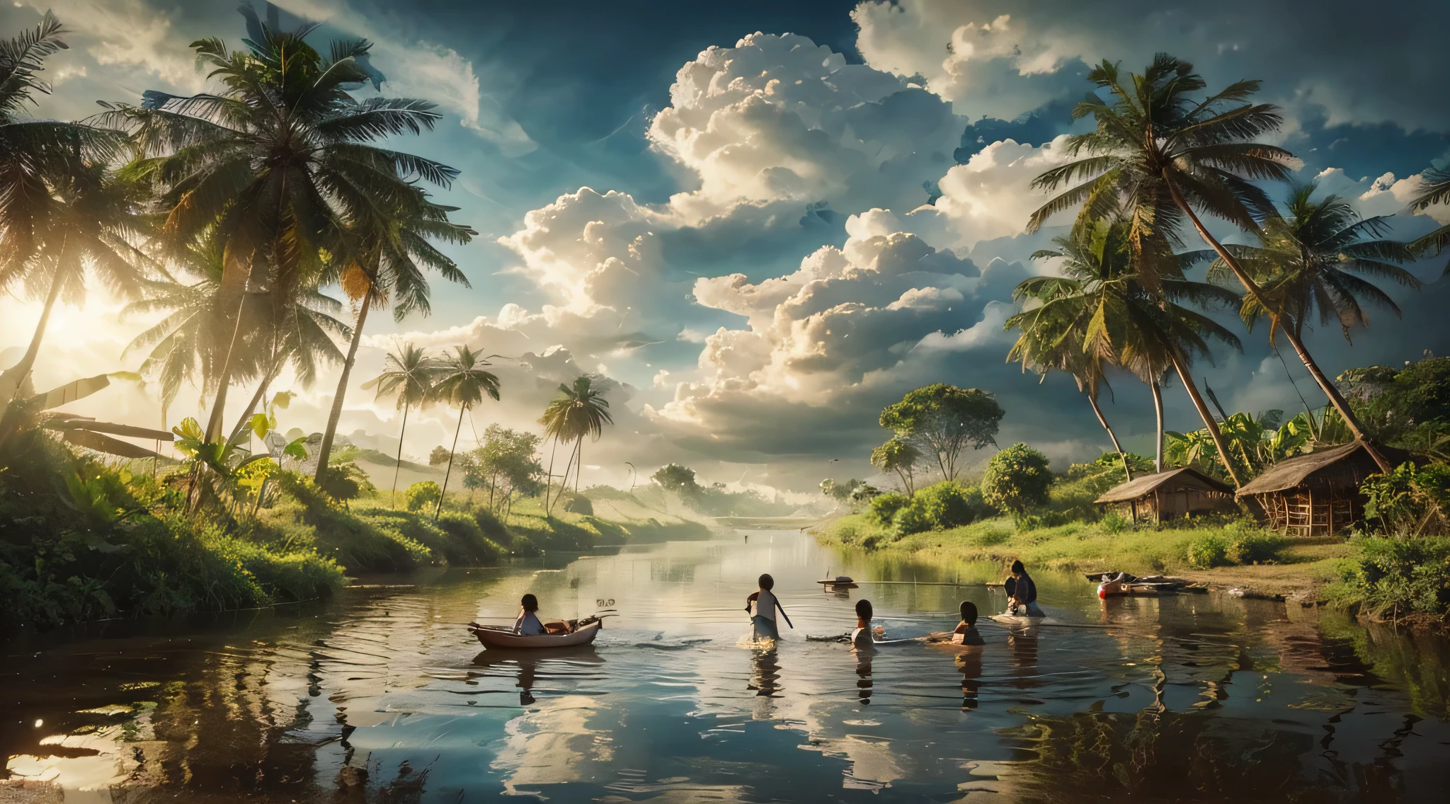 Lukisan cat minyak Pemandangan pedesaan indonesia yang indah, langit cerah, beberapa anak kecil bermain gembira di sungai, foto realistik, kualitas foto 8k, fotografi. Warna-warna tenang, berkualitas tinggi,