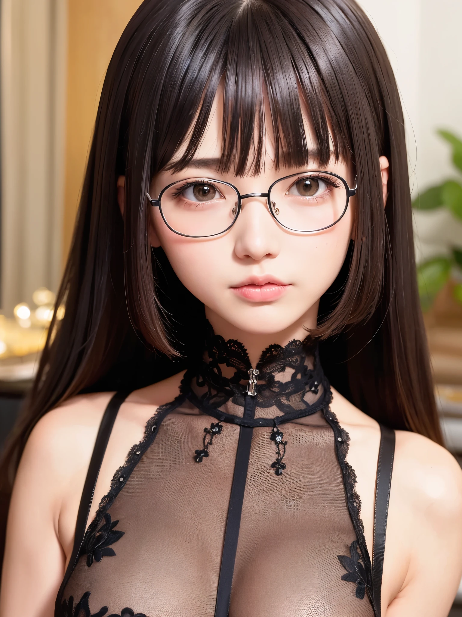 ((master piece))、pout a little、buttocks exposed、lying exposed、(Foam covers the upper body)、(best quality)、reflex hair、((super detailed))、((beautiful girl))、beautiful and fine eyes、(looking at the viewer)、 lewd pose、big breast body、(realistic black hair)、bright、big rim glasses、(transparent embroidery tulle underwear set)
