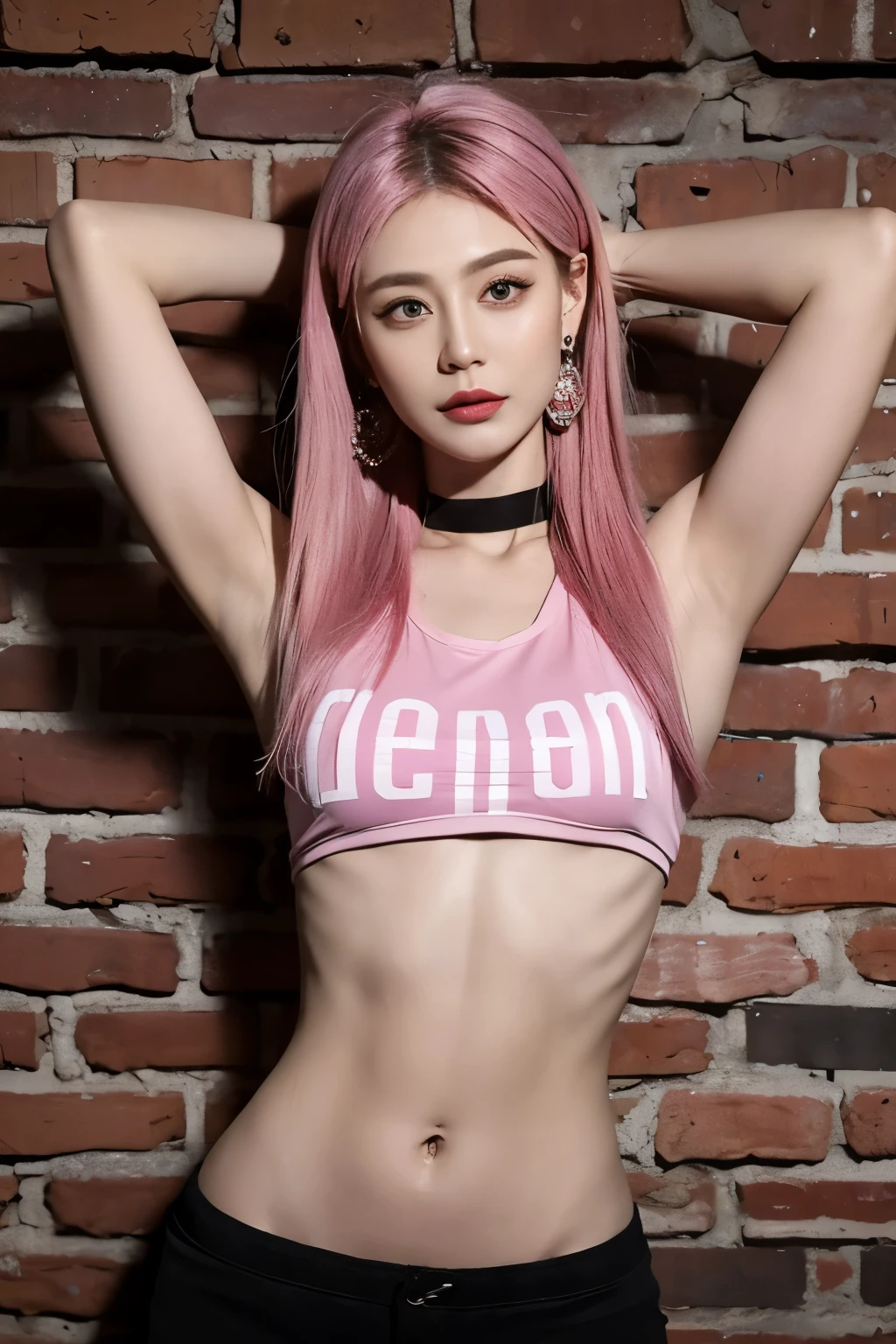 (masterpiece, highest quality, 1 girl, alone, intricate details, chromatic aberration), realistic, ((Medium breath)),long hair, pink hair, red headdress, pink highlights, hair above one eye,purple eyes, earrings, clear eyes, choker, neon shirt, open jacket, belly exposed,My abdominal muscles are cracked,muscular,crop top, (symmetrical eyes),(perfect symmetrical body),towards the wall, brick wall, graffiti, dim lighting, alley ,look at the audience, muscular male, Wiry, Toned, Ripped, Athletic, Abs:1.5, Brawny