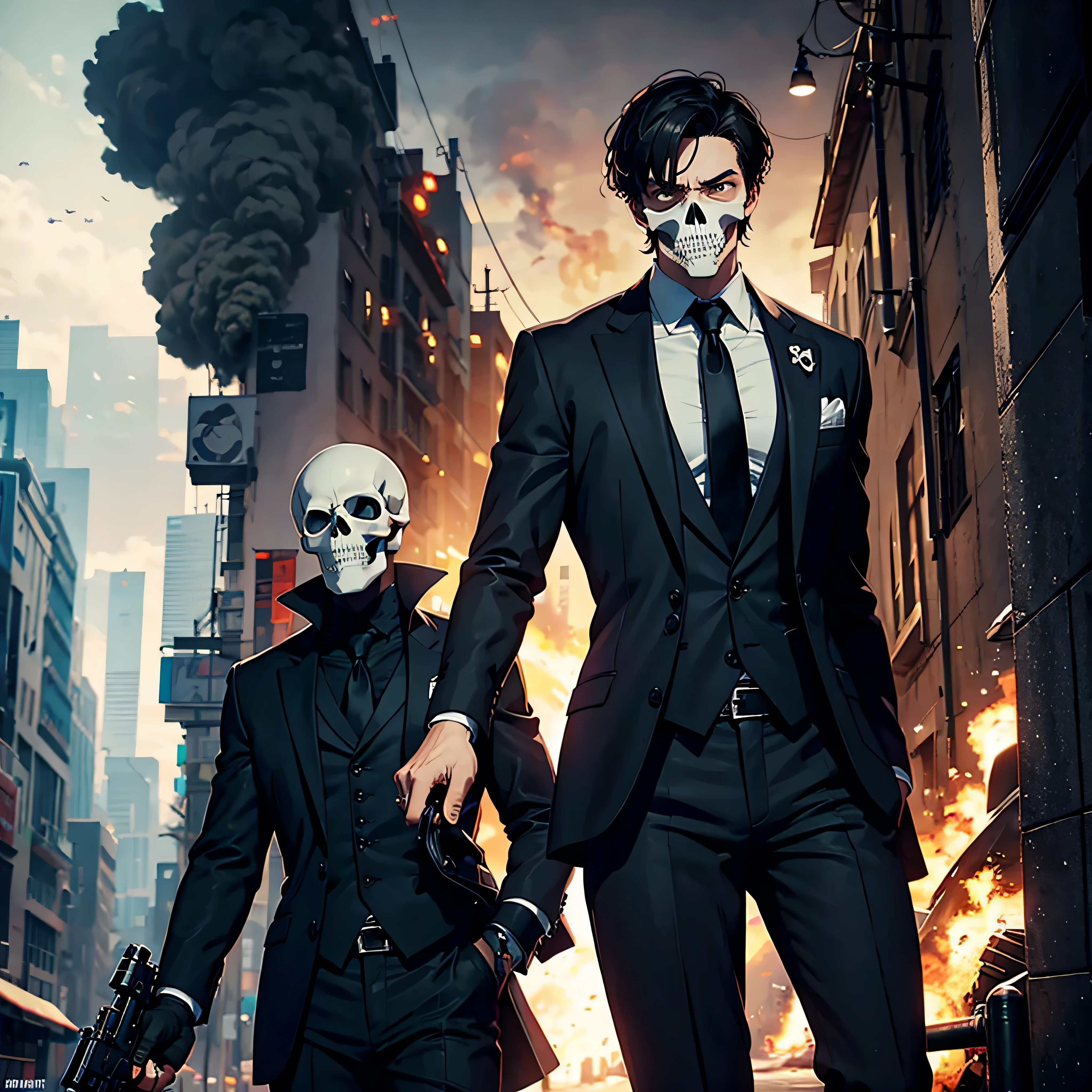 skull face man wearing black suit held a grenade launcher on his hand and a big blast is happening on his background