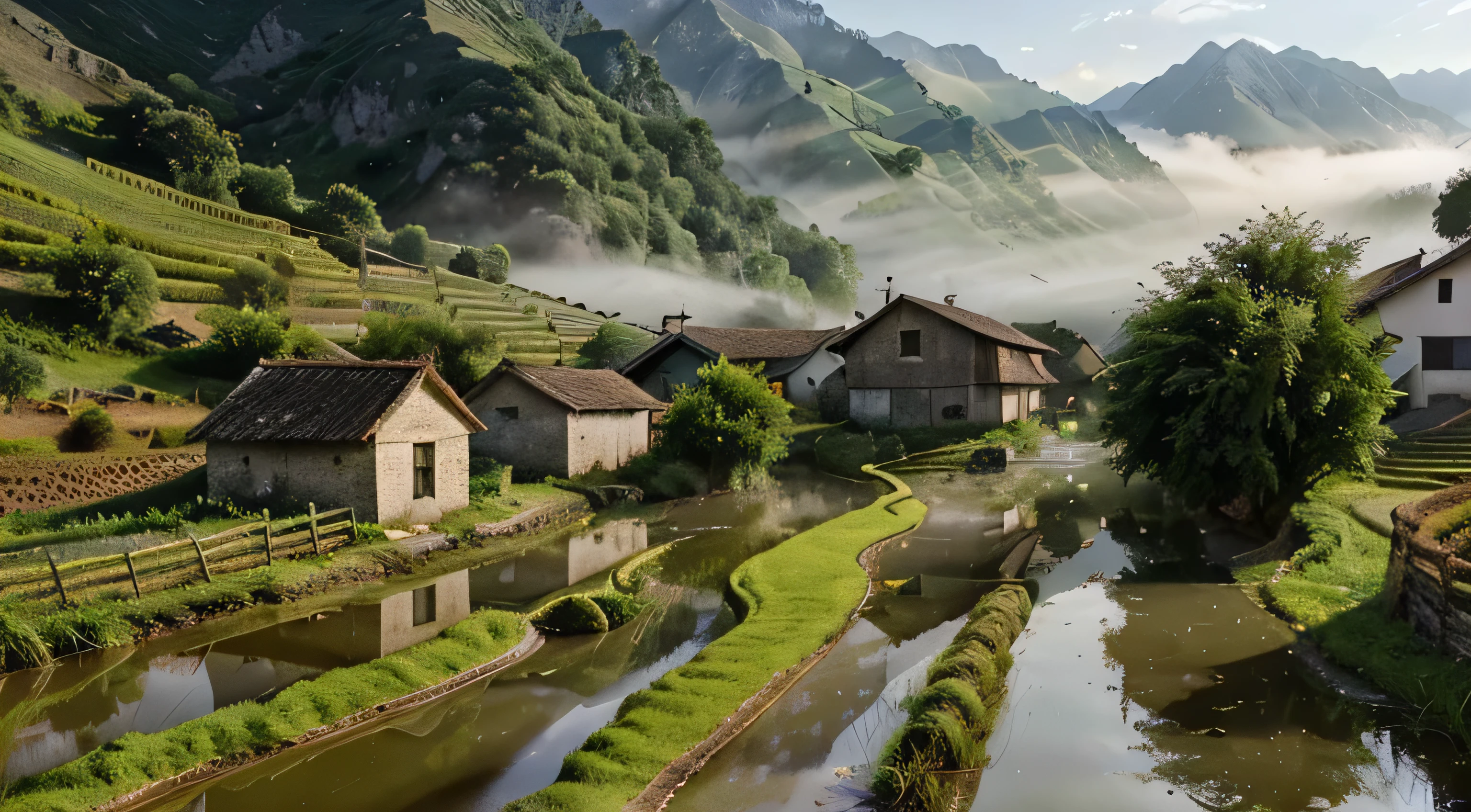 Create ultra-realistic photos of serene morning views in the countryside, complete with small rivers, village houses, rice fields, high mountains, livestock and farmers in the fields. images like professional camera photos produced with a Nikon DSLR camera, size 32k, UHD, HD photos, dramatic cinemaric effects with thin mist