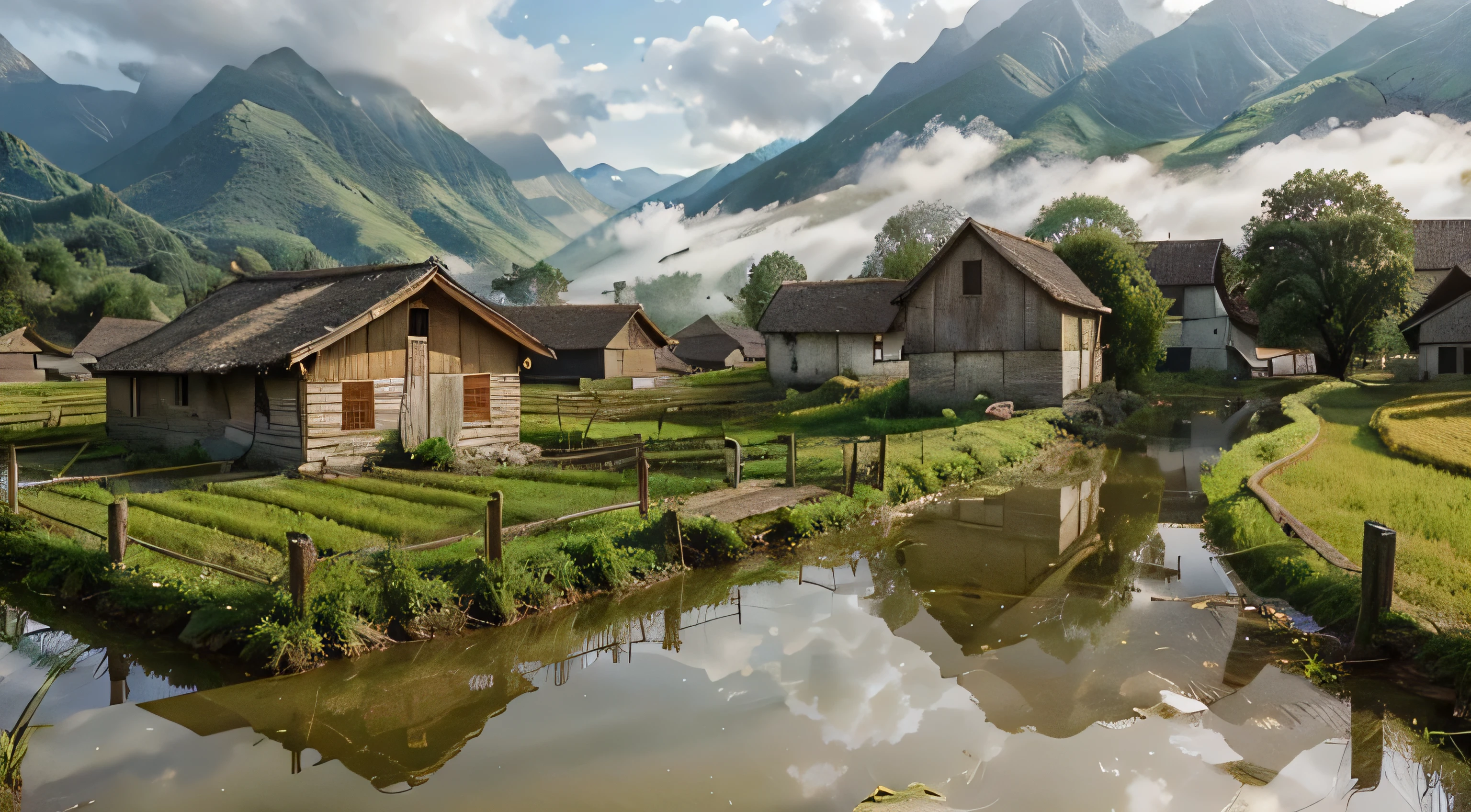 Create ultra-realistic photos of serene morning views in the countryside, complete with small rivers, village houses, rice fields, high mountains, livestock and farmers in the fields. images like professional camera photos produced with a Nikon DSLR camera, size 32k, UHD, HD photos, dramatic cinemaric effects with thin mist