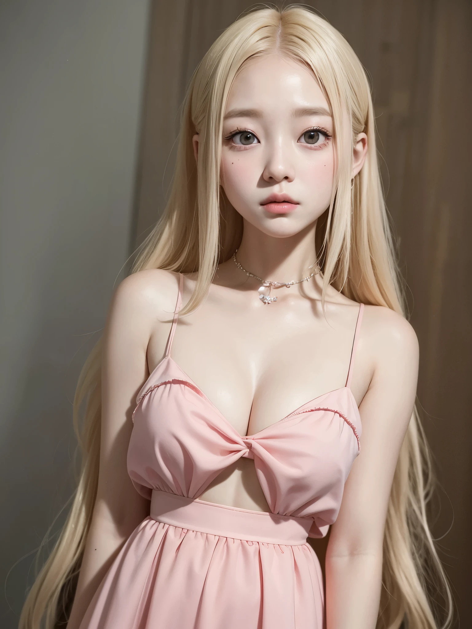 A young girl with very light blonde hair and pretty 20 years old, con cara de Wonyoung, Jang Wonyoung, doll eyes, estilo lindo, prendas rosadas. Chica japonesa, very tender asian girl with pale skin, ojos grandes, labios gruesos, ropa rosa, ella tiene el cabello muy largo, her face is pretty like a , se parece a Jang Wonyoung de ive, es Wonyoung, busto grande.