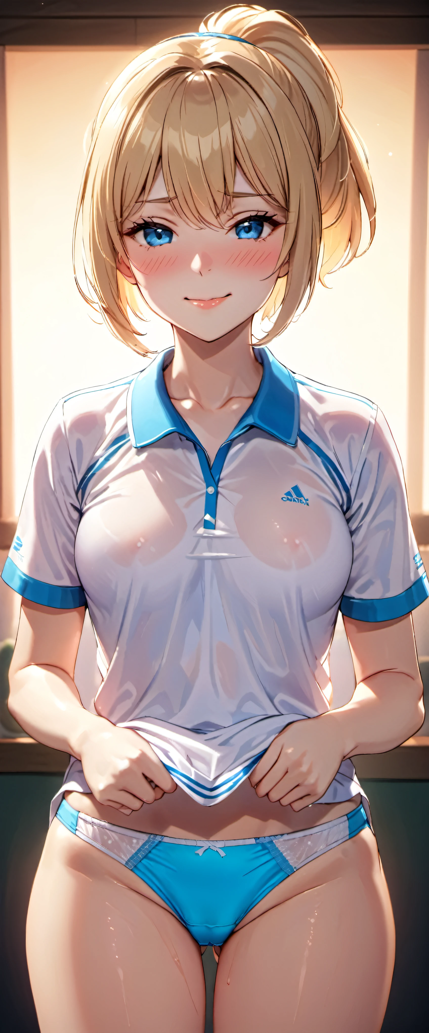 woman,25 years old,blonde,tennis uniform,short hair,blue eyes,Mansuji, ,,I can see my underwear,Full body Esbian, (close shot, highest quality, High resolution, 4k, detailed lighting, shader, NSFW), closed mouth smile ( blush:1.2)()Beautiful ponytail