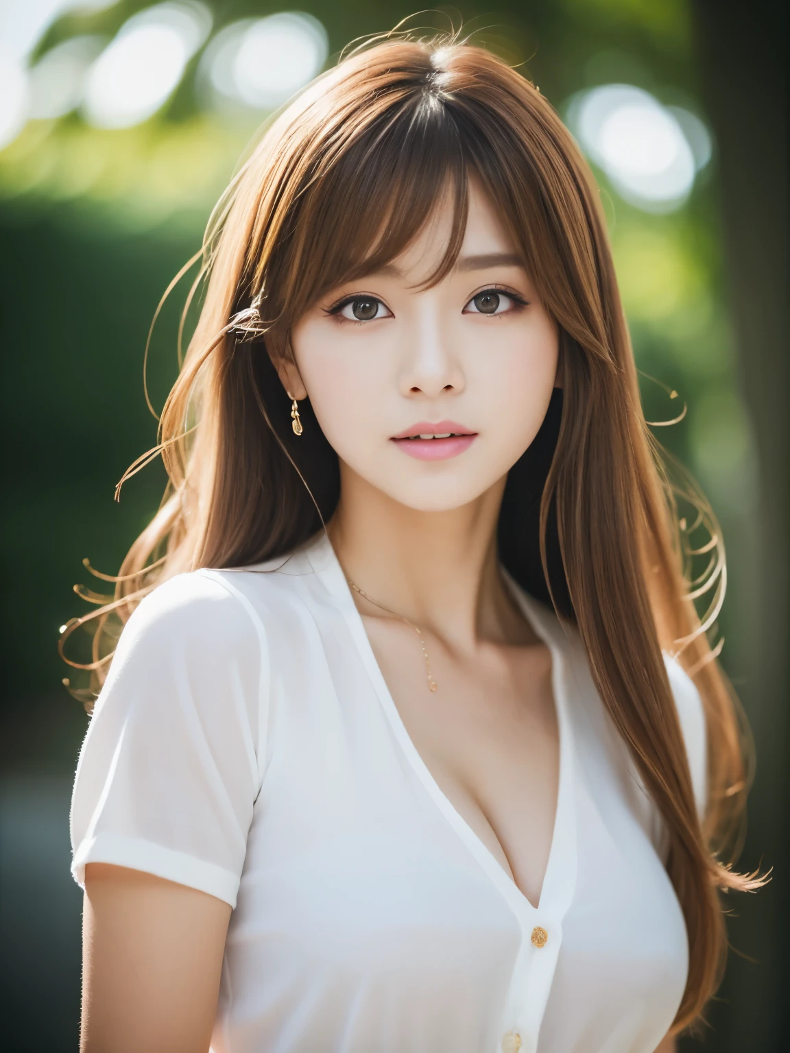 high resolution,
1 beautiful young woman,
8k,best quality, masterpiece, ultra high res,(photorealistic:1.4), RAW photo, (fair skin:1.2),
wearing a white clothes,
85mm lens,f/8.0,
background,
gyaru,
brown hair,
medium breasts,
looking at viewer, beautiful eyes
((white shirt)), (cleavage:0.9), (cute:1.2), ((jpop idol)), (upper thigh:0.6), (depth of field),soft light, Lens Glow, full body,
(neat Lady:1.2)