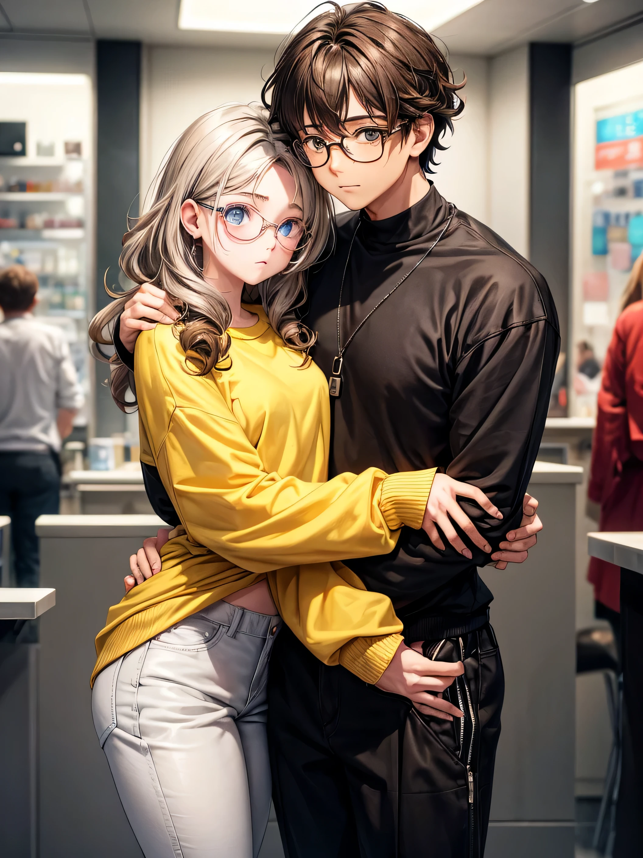 A couple of one and a boy hugging. The girl is smaller than the boy , ela tem cabelo meio curto ondulado escuro , your skin is light and your eyes are dark brown , usa um vestido preto tomara que caia e um corset preto na cintura. The boy has fair skin and hazel eyes., her hair is straight and on top is CURLY hair in light brown , He wears round glasses, a light yellow sweatshirt and black pants. They both wear silver rings.