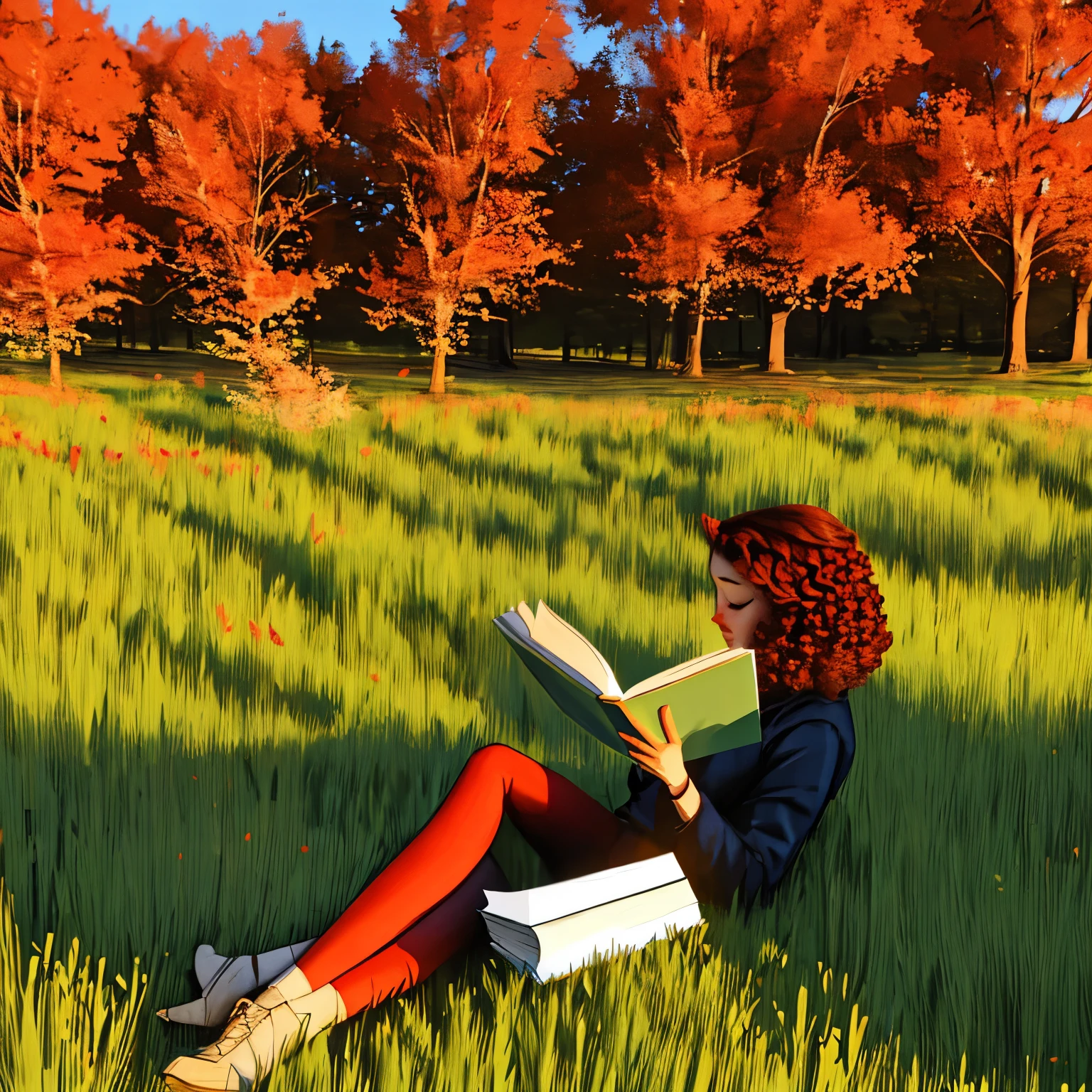 Caucasian girl with curly red hair reading book in a meadow of autumn trees