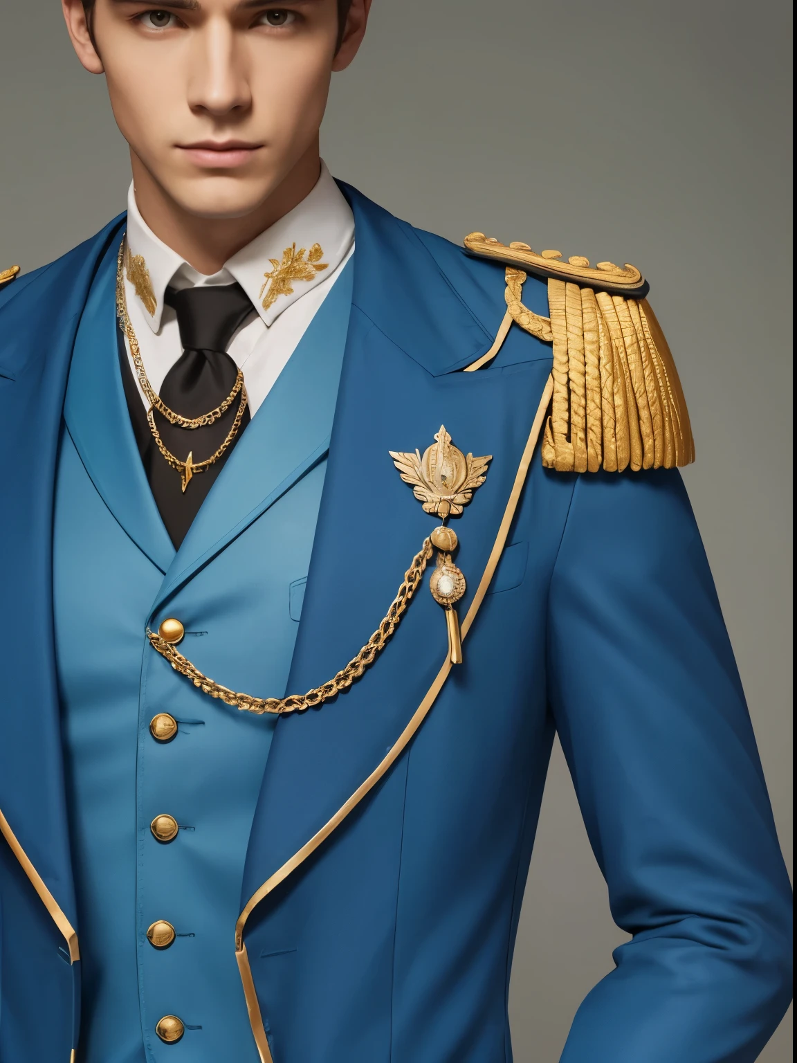 reference sheet: 1.8, great details, high quality, masterful work, Tall Boy, Beautiful face, long pants, art in boots, (masterpiece, A high resolution, high quality: 1.2), complex parts, cinematic lighting, clear focus, depth of field, blue coat, White pants, black shoes with gold toe, Gold Elements, brunette, an aristocrat, 
