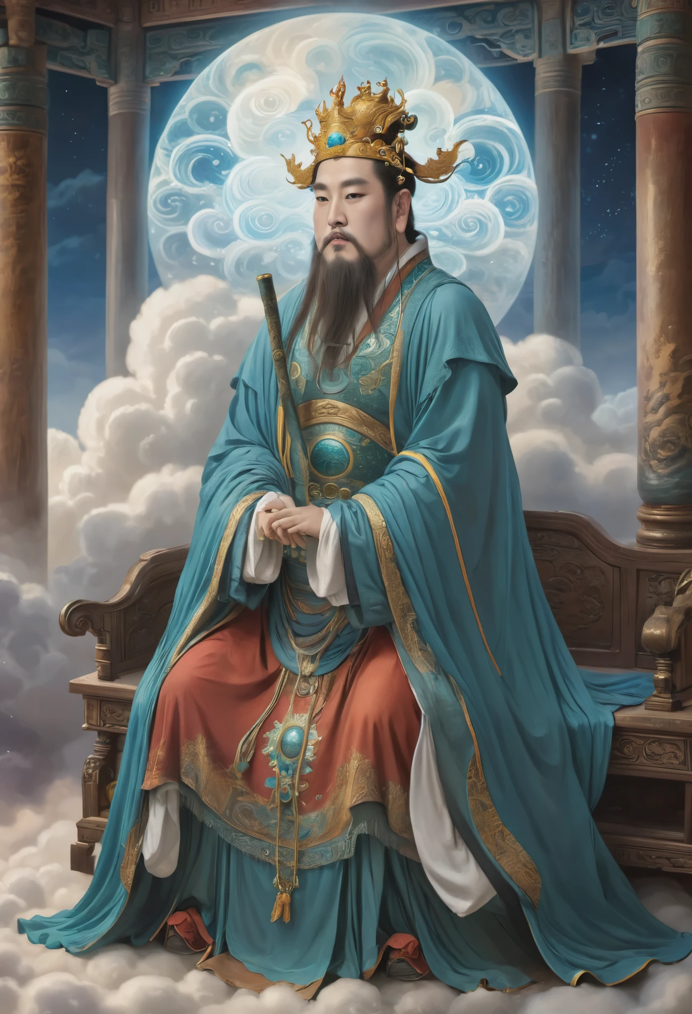 (masterpiece, best quality:1.2), yongle_style,1man,cloud,celestial crown,animated