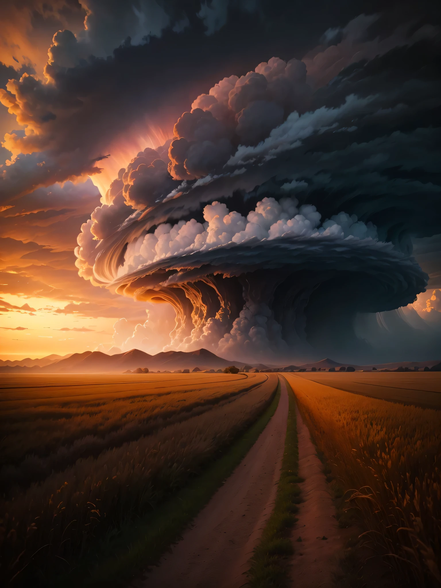 a large cloud is seen over a wheat field at sunset, weather photography, thunderstorm supercell, beautiful tornado, dramatic storm sunset, intricate and epic composition, epic clouds and lighting, marc adamus, thick swirling tornado, stunning photography, dramatic swirling clouds, amazingly epic visuals, epic stunning atmosphere, unsplash contest winning photo, beautiful and spectacular dusk, an amazing landscape image