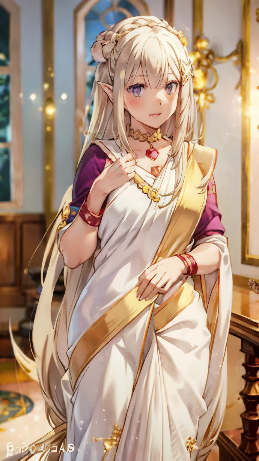 emilia \(re:zero\),1girl, solo, long hair, breasts, looking at viewer, blush, bangs, hair ornament, ribbon, very long hair, deep purple eyes, collarbone, hair ribbon, braid, star hair clip, white hair, barefoot, choker, pointy ears, hair flower, blunt bangs, cameltoe, wariza, x hair ornament, top quality, beautiful detailed girl, beautiful smile, beautiful lips, gigantic, blonde hair, saree, red-gold saree, smile, wavy hair, slim hips, highly detailed eyes and face, beautiful detailed purple-dark eyes, high resolution, 8k wallpaper, fine details, highly detailed ticker uniform 8k wallpaper, light on face, movie lighting, (photorealism: 1.4), Super detail, fixed hands, detailed fingers, detailed fingers of hands, every hands have 5 fingers, 