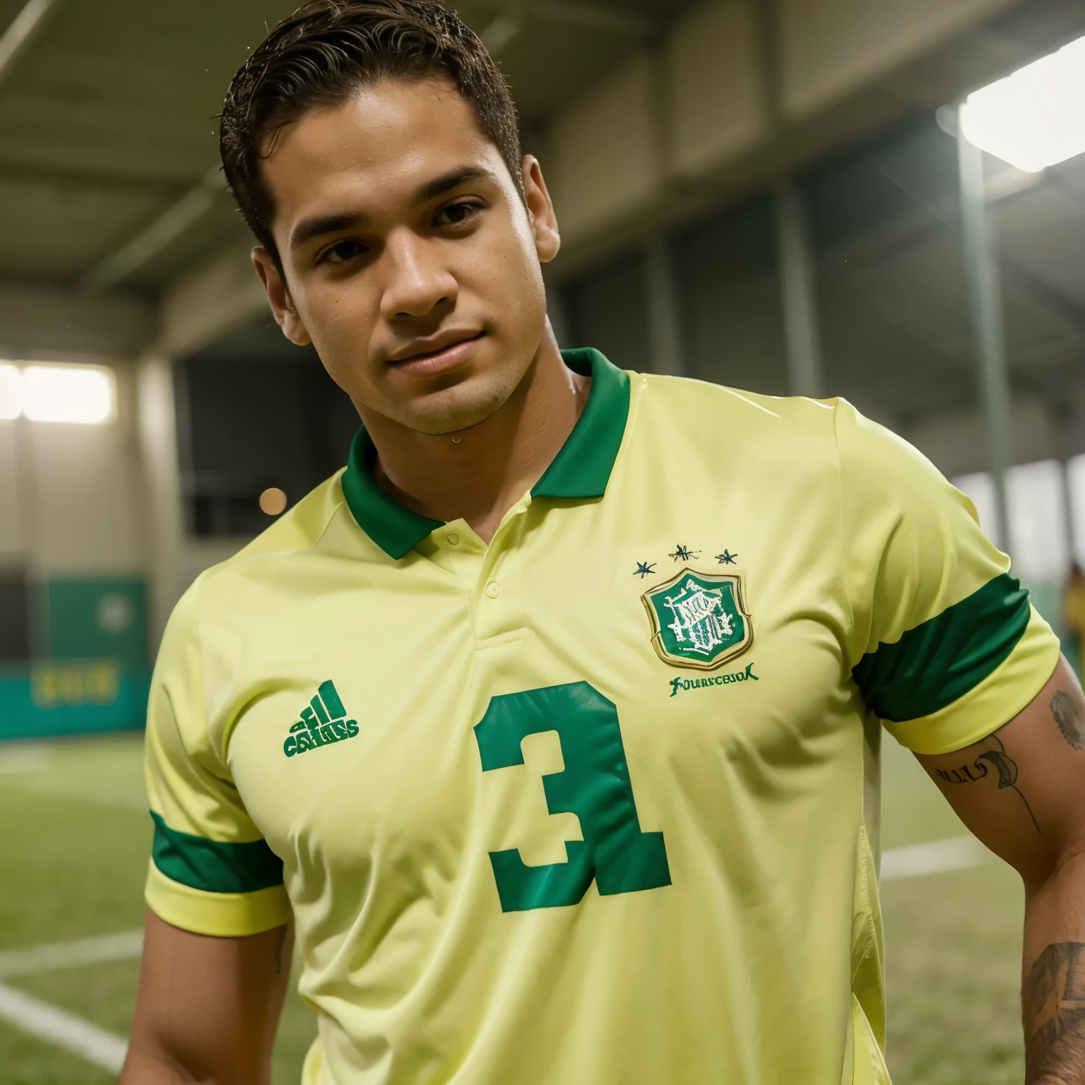 branco e loiro, jogador de futebol, com a camisa amarela e verde.