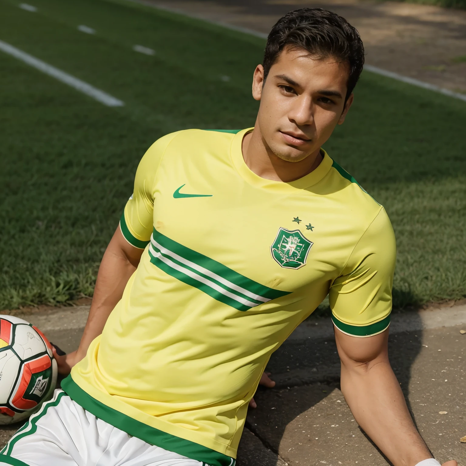 Menino branco e loiro, jogador de futebol, com a camisa amarela e verde.