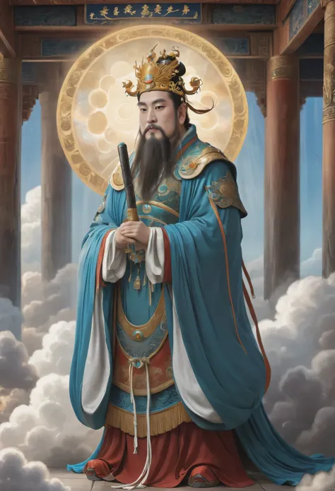 (masterpiece, best quality:1.2), yongle_style,1man,cloud,celestial crown,animated