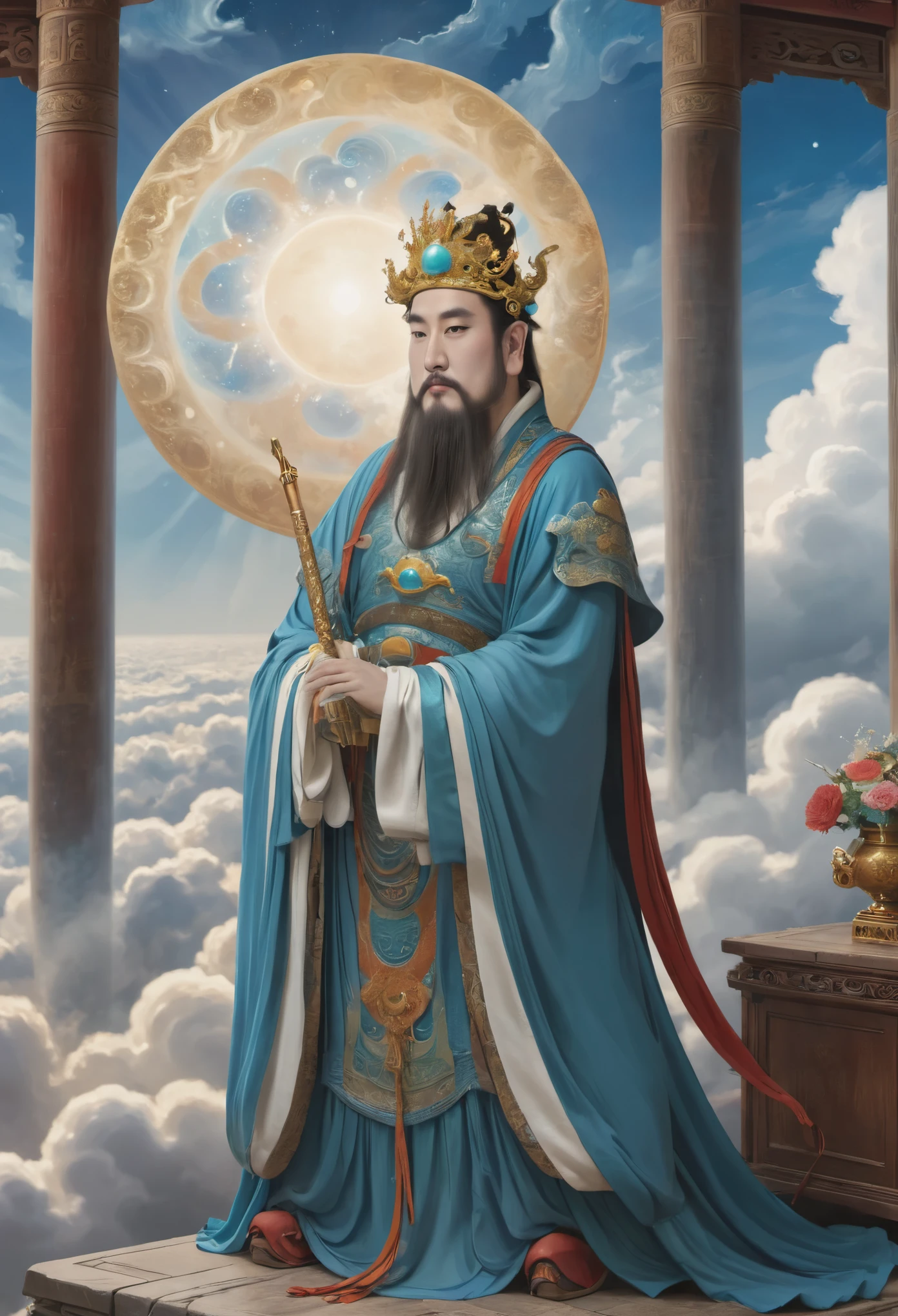 (masterpiece, best quality:1.2), yongle_style,1man,cloud,celestial crown,animated