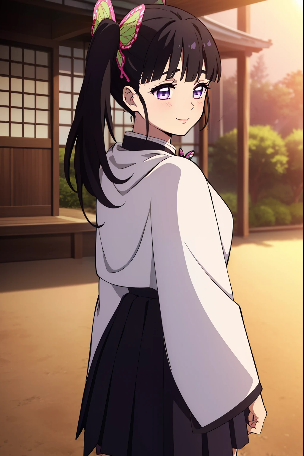 kanaotsuyuri, kanao tsuyuri, black hair, butterfly, butterfly hair ornament, (purple eyes:1.1), side ponytail, ponytail, black skirt, cape, demon slayer uniform, long sleeve, pleated skirt, skirt, white cape, looking at viewer, indoors, (masterpiece:1.2), highest quality, High resolution, unity 8k wallpaper, (figure:0.8), (detailed and beautiful eyes:1.6), highly detailed face, Very detailed CG, (perfect hands, perfect anatomy), From the back、look back、sunset、reflection effect、smile、Reddish cheeks、blush、Japanese-style garden、outdoor