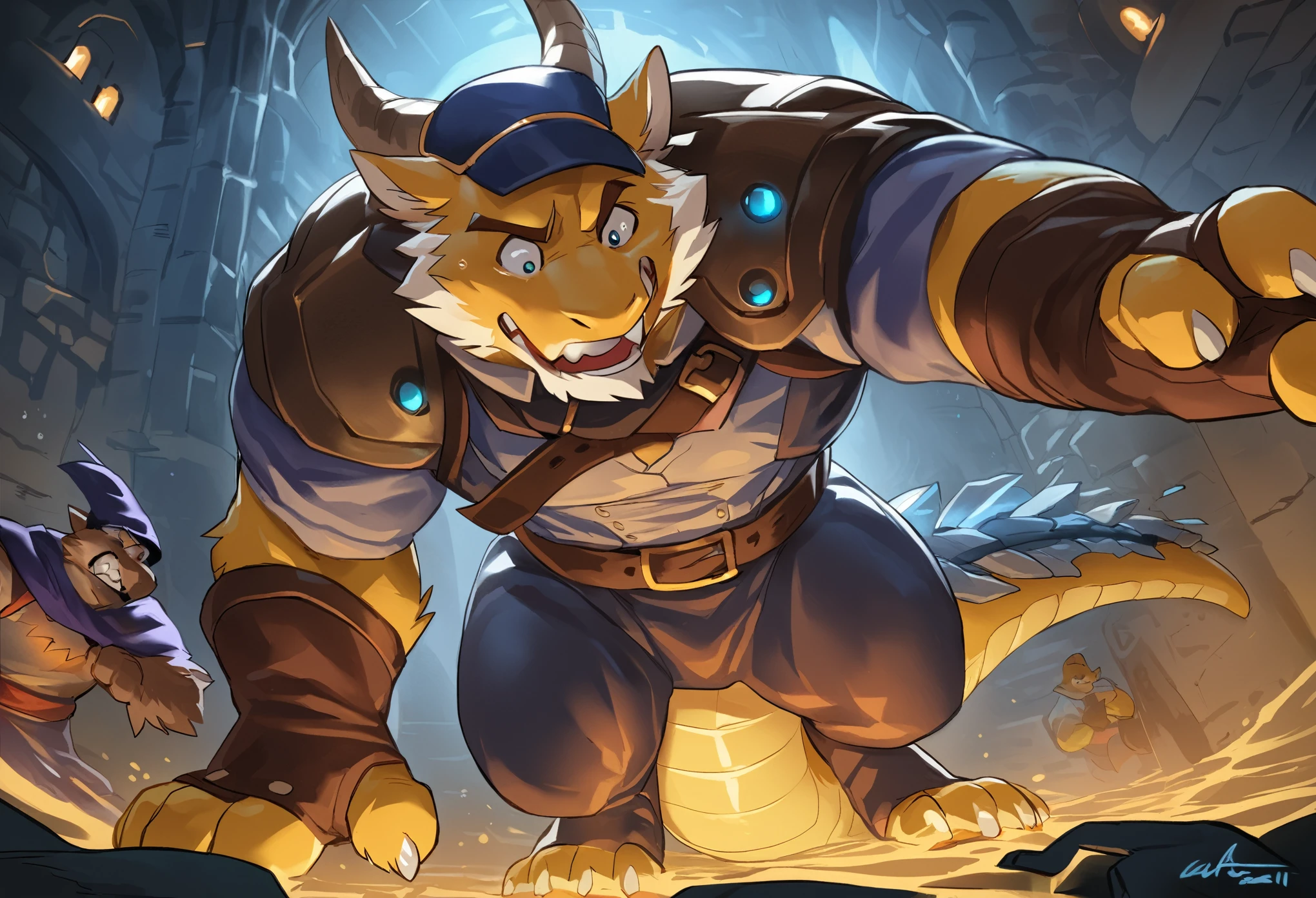 by takemoto arashi, by Pino daeni, by milkytiger1145, by donkeyramen, by wfa, anthro, kemono,male,((at eerie dungeon:1.5)), scary, terrifying, ((black adventurer costume:1.5)), adventure quest, exploring the dungeon,handsome, dragon, dragon horn, scale, lizard tail, detailed scale, group shot, detailed background, (high quality, highres, masterpiece), detailed face, detailed eyes, middle-aged, (((muscular))), (dynamic pose), (afraid, lift eyebrow:1.4), close-view perspective