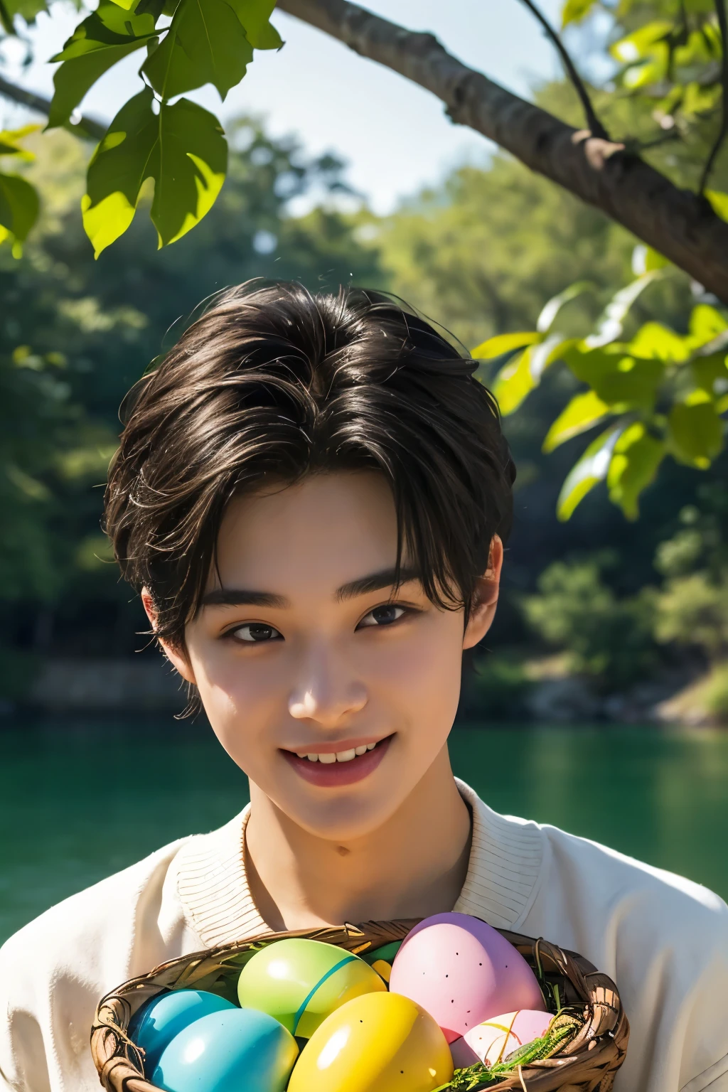 Asian Male, about 25 years old, smile, sharp focus, detailed face, detailed eyes, half body, summer, shirtless, wonderful, camping, view from front