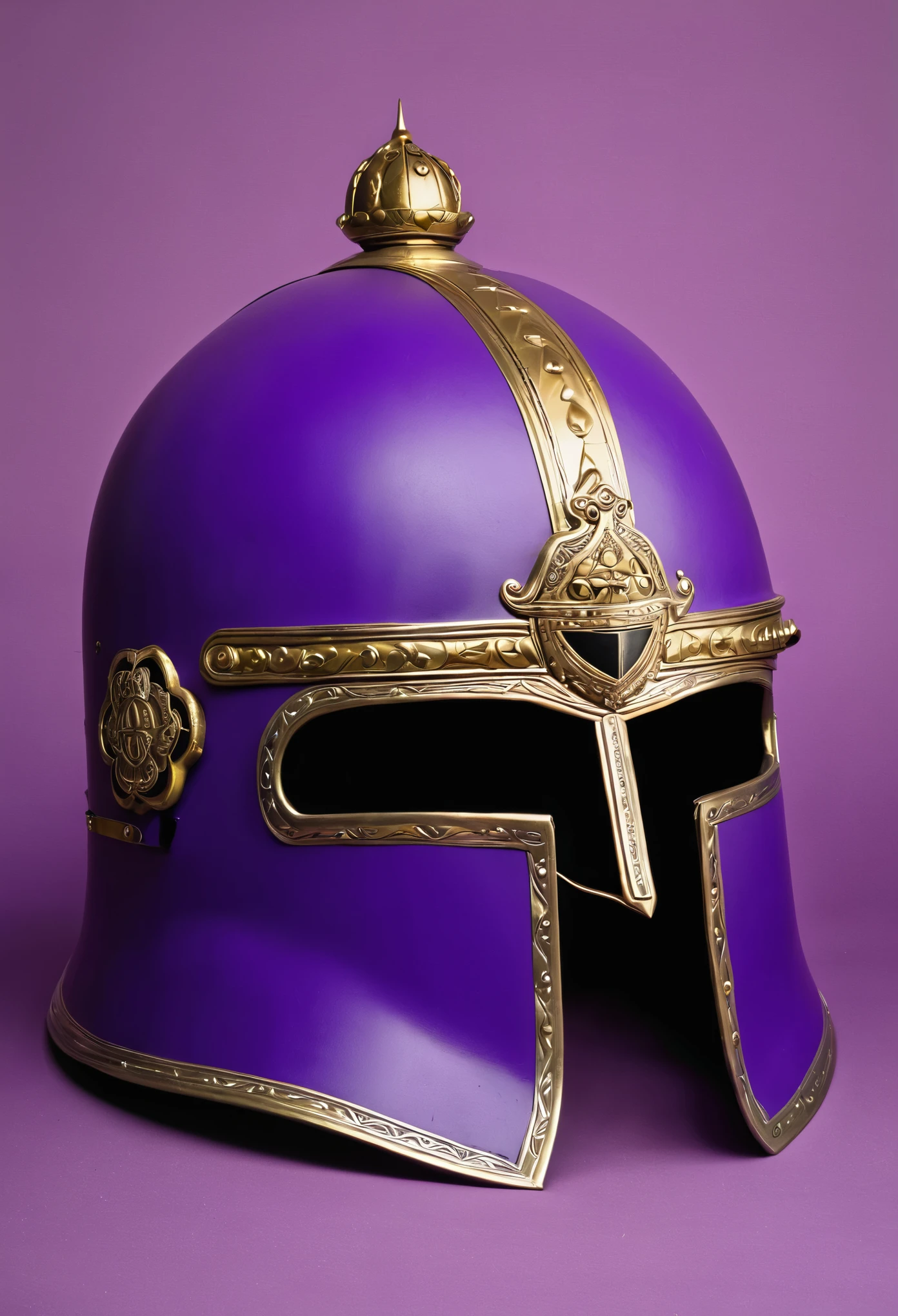 Casco de un caballero templario en un fondo morado