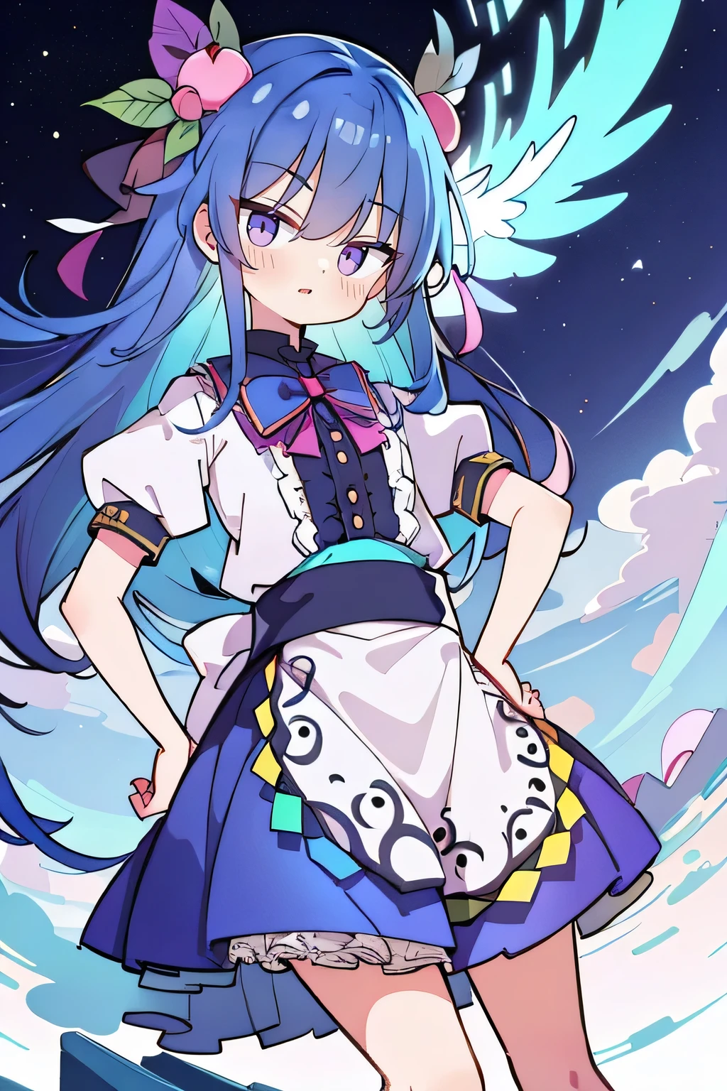 (masterpiece),best quality, expressive eyes, perfect face, 1girl,
Put your hands on your waist,fair, Gorgeous,Japanese cartoons,girl,lola,Hina Angel, blue hair, blue haired, floating clothes,Grab your waist, Grab your waist, hands on hips , hands on hips,sit, sit on ground, Legs on the ground, flat chest,starry sky,