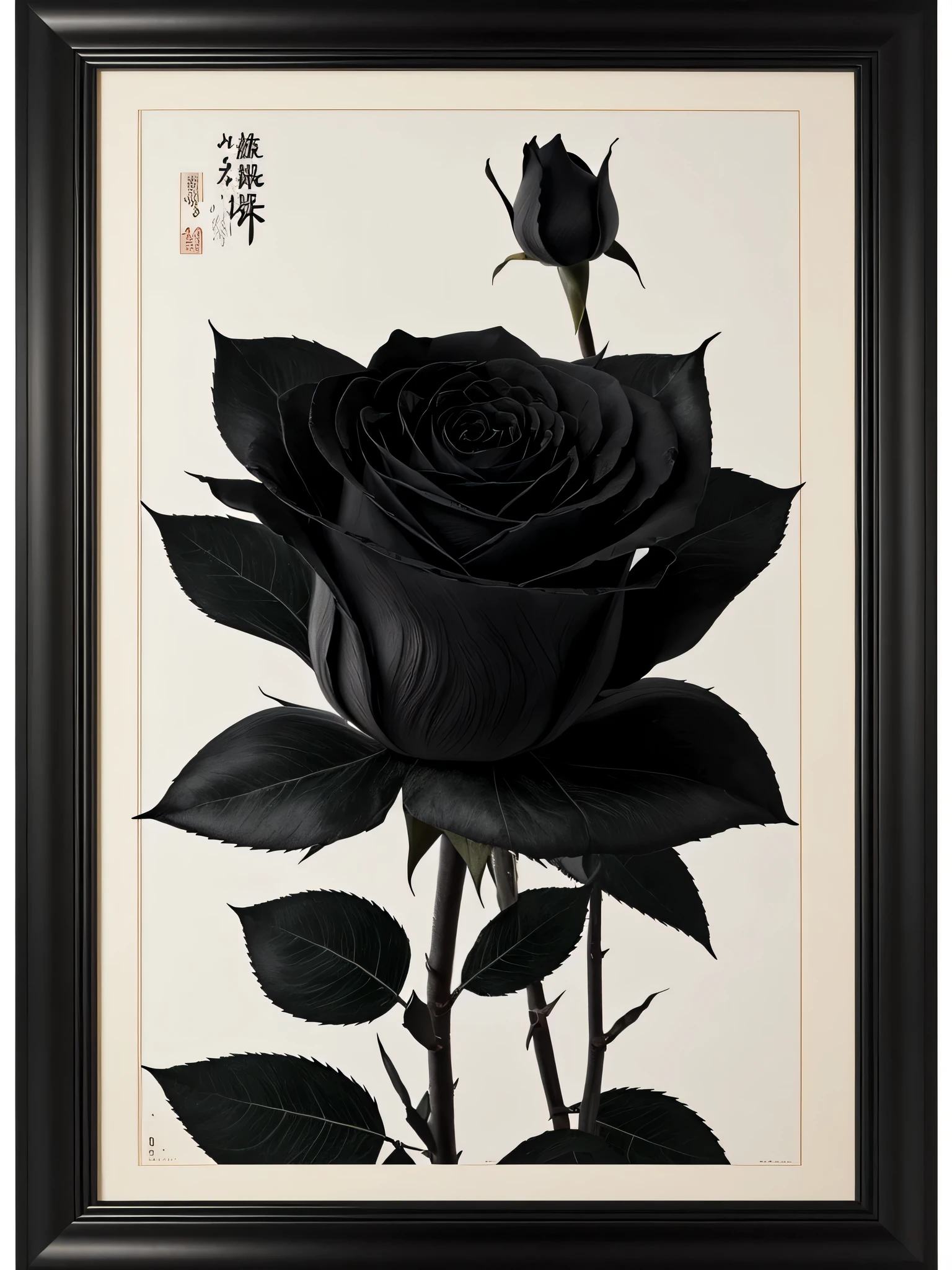there is a black rose with leaves on a stem against a white background, black rose, black roses, black rose frame. d&d, by Shinji Aramaki, she is the queen of black roses, photo of a rose, rose, by Awataguchi Takamitsu, by Kuroda Seiki, inspired by Robert Mapplethorpe