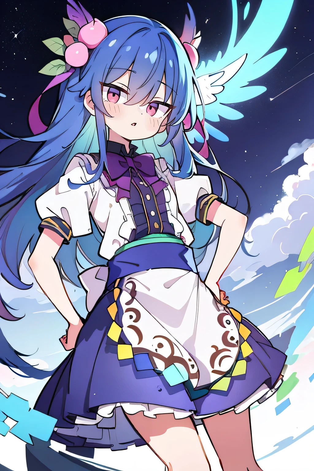 (masterpiece),best quality, expressive eyes, perfect face, 1girl,
Put your hands on your waist,fair, Gorgeous,Japanese cartoons,girl,lola,Hina Angel, blue hair, blue haired, floating clothes,Grab your waist, Grab your waist, hands on hips , hands on hips,sit, sit on ground, Legs on the ground, flat chest,starry sky,