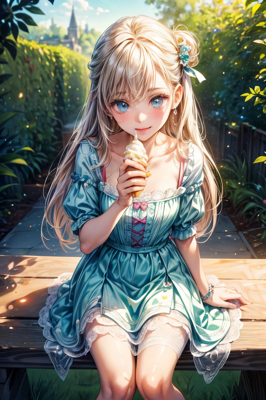 (Ultra-detailed, delightful facial expression, scrumptious eyes sparkling with pleasure, smooth skin lightly glistening with the melted ice cream, 8k, best quality, candidly captured moment)
A young girl, seated at a quaint wooden table, savoring every last bite of a large, juicy scoop of ice cream. her face reveals a contented, indulgent expression, her eyes gleaming with a delightful mix of pleasure and satisfaction. her skin, though fair and delicate, appears radiant and healthy as a thin sheen of melted ice cream coats it.
The background is a serene and whimsical scene, perhaps an en
