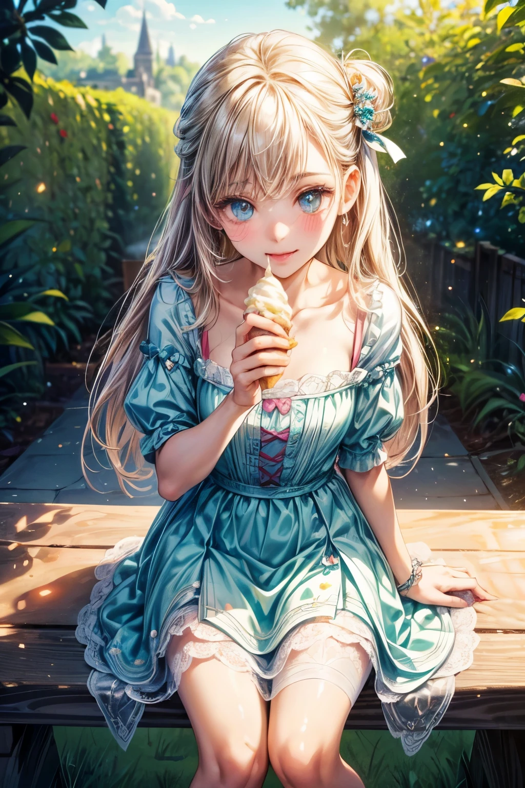 (Ultra-detailed, delightful facial expression, scrumptious eyes sparkling with pleasure, smooth skin lightly glistening with the melted ice cream, 8k, best quality, candidly captured moment)

A young girl, seated at a quaint wooden table, savoring every last bite of a large, juicy scoop of ice cream. her face reveals a contented, indulgent expression, her eyes gleaming with a delightful mix of pleasure and satisfaction. her skin, though fair and delicate, appears radiant and healthy as a thin sheen of melted ice cream coats it.

The background is a serene and whimsical scene, perhaps an en