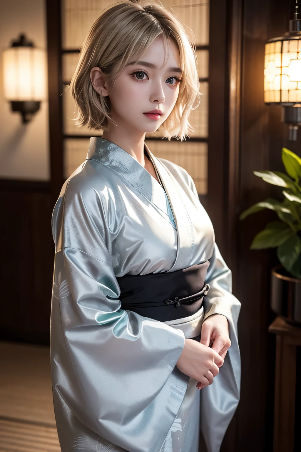 1 girl, solo, cute, looking at viewer, beautiful body, blush, (silver blonde short wavy hair), (bright emerald eyes), (small breast), very life-like eyes, ornately detailed kimono, beautiful patterned black kimono, black kimono with golden highlights, heron pattern all over kimono, sakura pattern on kimono, very detailed kimono, beautiful environment, life-like, highly detailed, masterpiece, best quality, highest quality, high resolution, (masterpiece:1.2), realistic lighting, incredible lighting