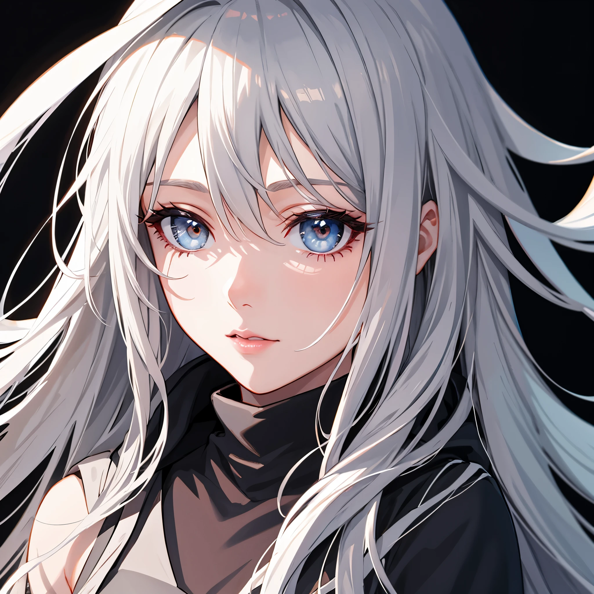 White girl, dark grey hair color, very long flowing hair, grey eye color, small eyes, round eye shape, eyeliner, realistic face shape. black shirt, portrait, wearing a black hood, black background, Depth of Field. looking at camera, dreamy look detailed eyes, detailed face, detailed skin, Ultra Detailed, Beautiful and Aesthetic, Masterpiece, Best Quality, shoulders showing. fish net fabric, round chin shape. wearing black hood over hair. showing full upper body and face. wearing a black hood, alot of flairs in background, zoomed out, black and white. glowing,