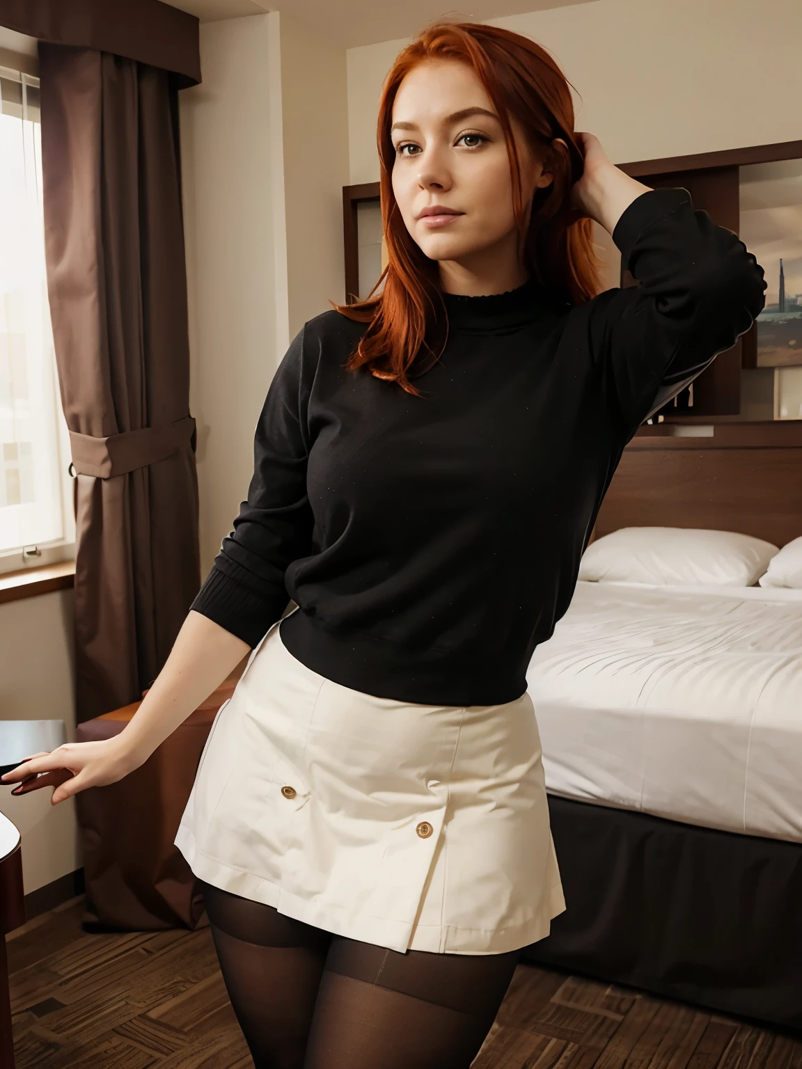 Redhair , thick , skirt, tights , hotel room