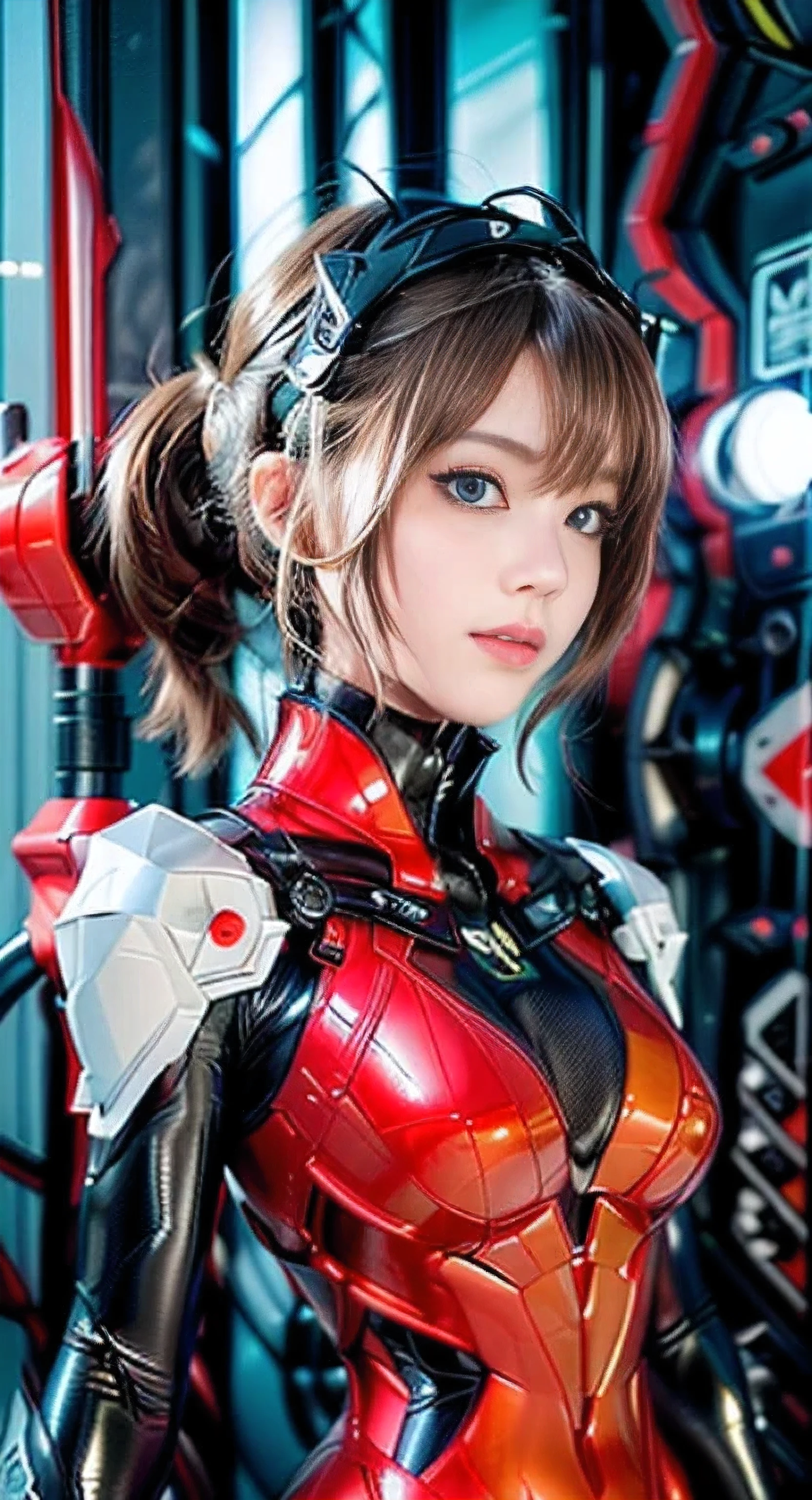 (full body),(realistic),photo shoot,highest quality,(perfect proportions: 1.1),(from below:1.2),dynamic angle, ((Soryu Asuka Langley,Soryu Asuka Langley Plug suit 02:1.5),(cyber punk:1.2,Narrow and dark sci-fi spaceship cockpit:1.1,,Curved interior, Holographic Display Panel:1.1, joystick,), 20-year-old, vivid coloring: 1.6, (face and eye details: 1.2), detailed face, lip details, fine eyes, double eyelid, (beautiful face, beautiful eyes, blue eyes: 1.5)), wet eyes, Thin, sharp, pale eyebrows, long eyelashes, long lower eyelashes, (((enchanting smile)), (delicate and beautiful fingers)), (expensive, small face), thin and muscular, (high leg swimsuit : 1.3), (See-through), bodysuit reflected in the mirror, Crimson shiny rubber suit, translucent shiny red tight suit, glossy meexpensiveic details, shiny red hologram leather, red sturdy gloves, pointed chest: 1.2, (Glossy black tight latex on the inside of the arm)), (There is a black connection in a perfect circle under the chest.: 1.5)), The black connection part on the shoulder is rounded), Two simple thick black latex rays from thighs to buttocks, The green part of the shoulder blade, The small logo pattern on the chest is 02, long legs, thin waist, thin skin, solitary, arrogant, blush, (shy)), very delicate and beautiful girl, movie lighting, dynamic pose, model pose, beautiful light brown hair, twin tails, movie lighting: 1, Digital single-lens reflex camera, Fujifilm XT3, sharp focus: 1.2, Maximum clarity and sharpness, multilayer texture, Albedo and specular maps, surface shading, Accurate simulation of light-matter interactions,japanese girl, , skinny body, flat chest, gray bob cut, extremely ultra detailed face, extremely ultra real skin, extremely ultra detailed eyes, extremely ultra surrealism, (masterpiece, best quality:1.2), octane rendering, (8k, uhd, ultra high res), extremely ultra detailed real texture, professional lighting, (realistic:1.3), (RAW photo:1.2), (photorealistic:1.5)