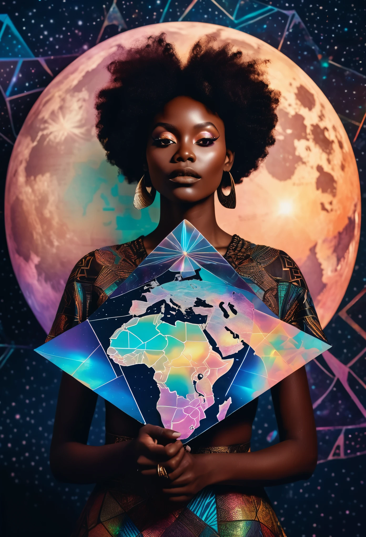 a colorful moth black woman holding a holographic African map, otherworldly, an album cover, aestheticism, moon and triangle background, surreal photography