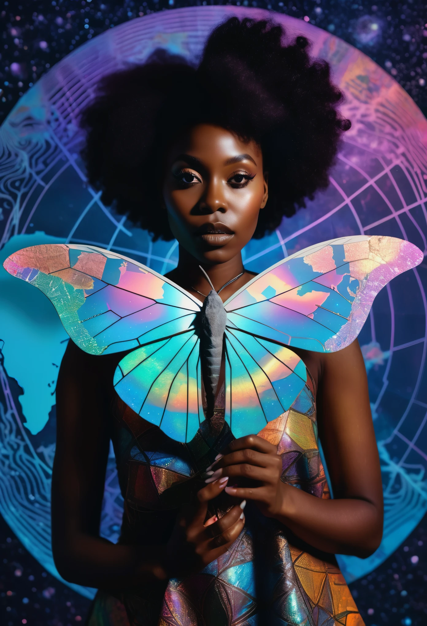 a colorful moth black woman holding a holographic African map, otherworldly, an album cover, aestheticism, moon and triangle background, surreal photography