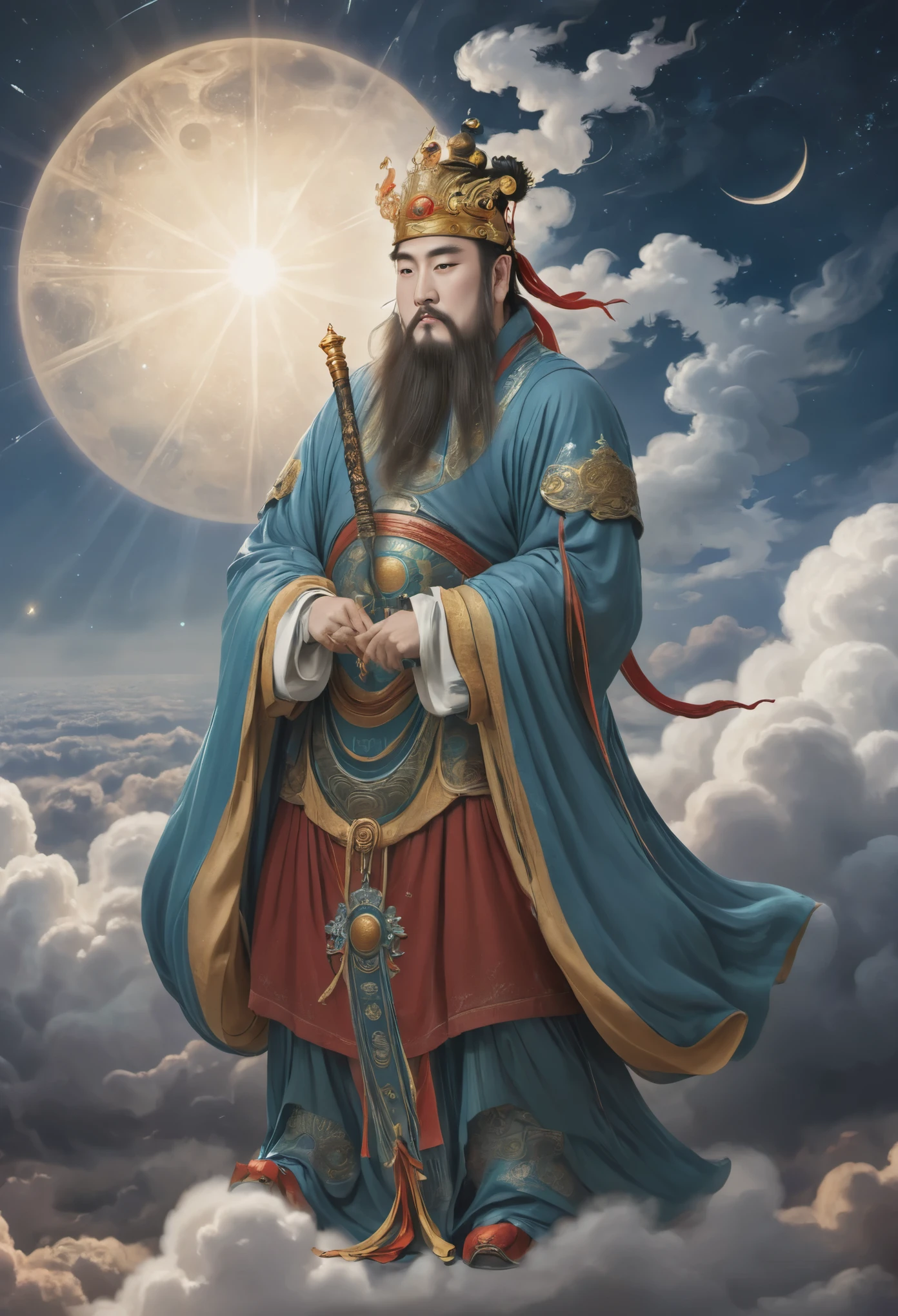 (masterpiece, best quality:1.2), yongle_style,1man,cloud,celestial crown,animated