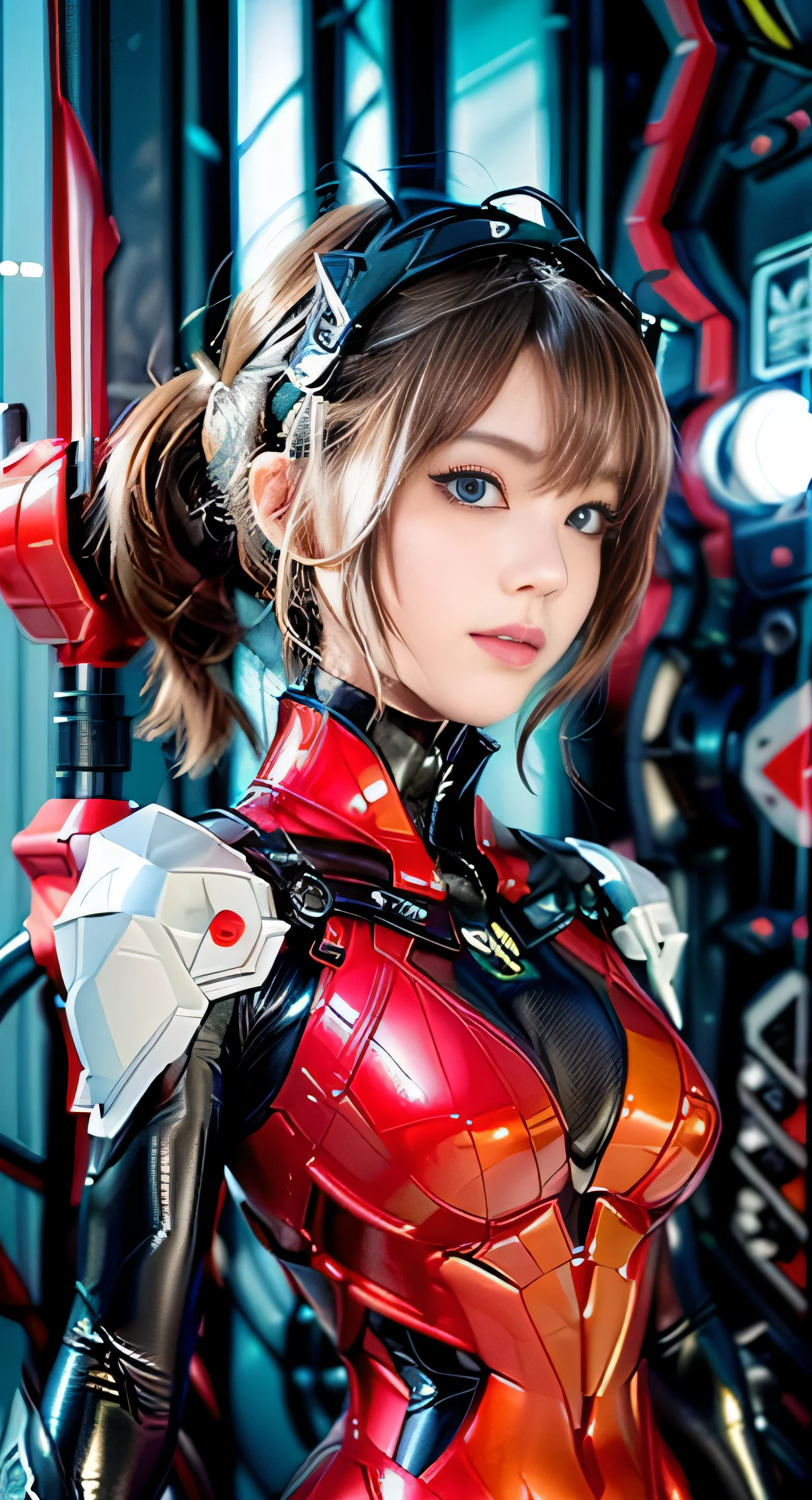 (full body),(realistic),photo shoot,highest quality,(perfect proportions: 1.1),(from below:1.2),dynamic angle, ((Soryu Asuka Langley,Soryu Asuka Langley Plug suit 02:1.5),(cyber punk:1.2,Narrow and dark sci-fi spaceship cockpit:1.1,,Curved interior, Holographic Display Panel:1.1, joystick,), 20-year-old, vivid coloring: 1.6, (face and eye details: 1.2), detailed face, lip details, fine eyes, double eyelid, (beautiful face, beautiful eyes, blue eyes: 1.5)), wet eyes, Thin, sharp, pale eyebrows, long eyelashes, long lower eyelashes, (((enchanting smile)), (delicate and beautiful fingers)), (expensive, small face), thin and muscular, (high leg swimsuit : 1.3), (See-through), bodysuit reflected in the mirror, Crimson shiny rubber suit, translucent shiny red tight suit, glossy meexpensiveic details, shiny red hologram leather, red sturdy gloves, pointed chest: 1.2, (Glossy black tight latex on the inside of the arm)), (There is a black connection in a perfect circle under the chest.: 1.5)), The black connection part on the shoulder is rounded), Two simple thick black latex rays from thighs to buttocks, The green part of the shoulder blade, The small logo pattern on the chest is 02, long legs, thin waist, thin skin, solitary, arrogant, blush, (shy)), very delicate and beautiful girl, movie lighting, dynamic pose, model pose, beautiful light brown hair, twin tails, movie lighting: 1, Digital single-lens reflex camera, Fujifilm XT3, sharp focus: 1.2, Maximum clarity and sharpness, multilayer texture, Albedo and specular maps, surface shading, Accurate simulation of light-matter interactions,japanese girl, , skinny body, flat chest, gray bob cut, extremely ultra detailed face, extremely ultra real skin, extremely ultra detailed eyes, extremely ultra surrealism, (masterpiece, best quality:1.2), octane rendering, (8k, uhd, ultra high res), extremely ultra detailed real texture, professional lighting, (realistic:1.3), (RAW photo:1.2), (photorealistic:1.5)