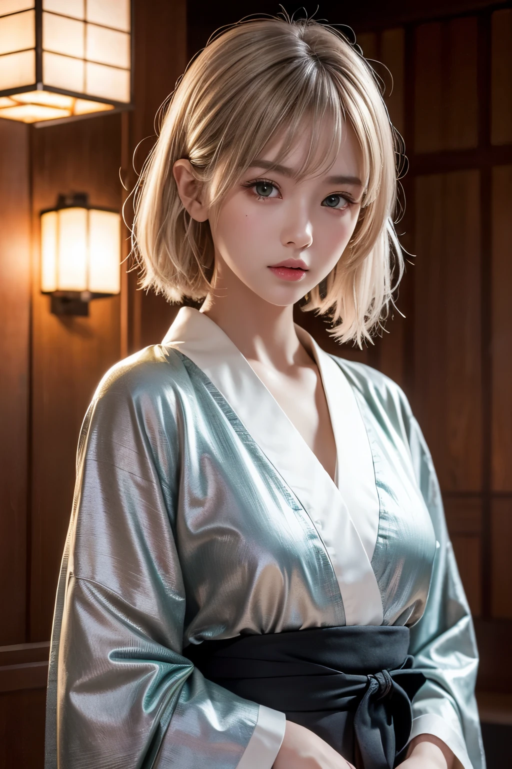 1 girl, solo, cute, looking at viewer, beautiful body, blush, (silver blonde short wavy hair), (small breast), (green eyes), very life-like eyes, ornately detailed kimono, beautiful patterned black kimono, black kimono with golden highlights, heron pattern all over kimono, sakura pattern on kimono,  very detailed kimono, beautiful environment, life-like, highly detailed, masterpiece, best quality, highest quality, high resolution, (masterpiece:1.2), realistic lighting, incredible lighting