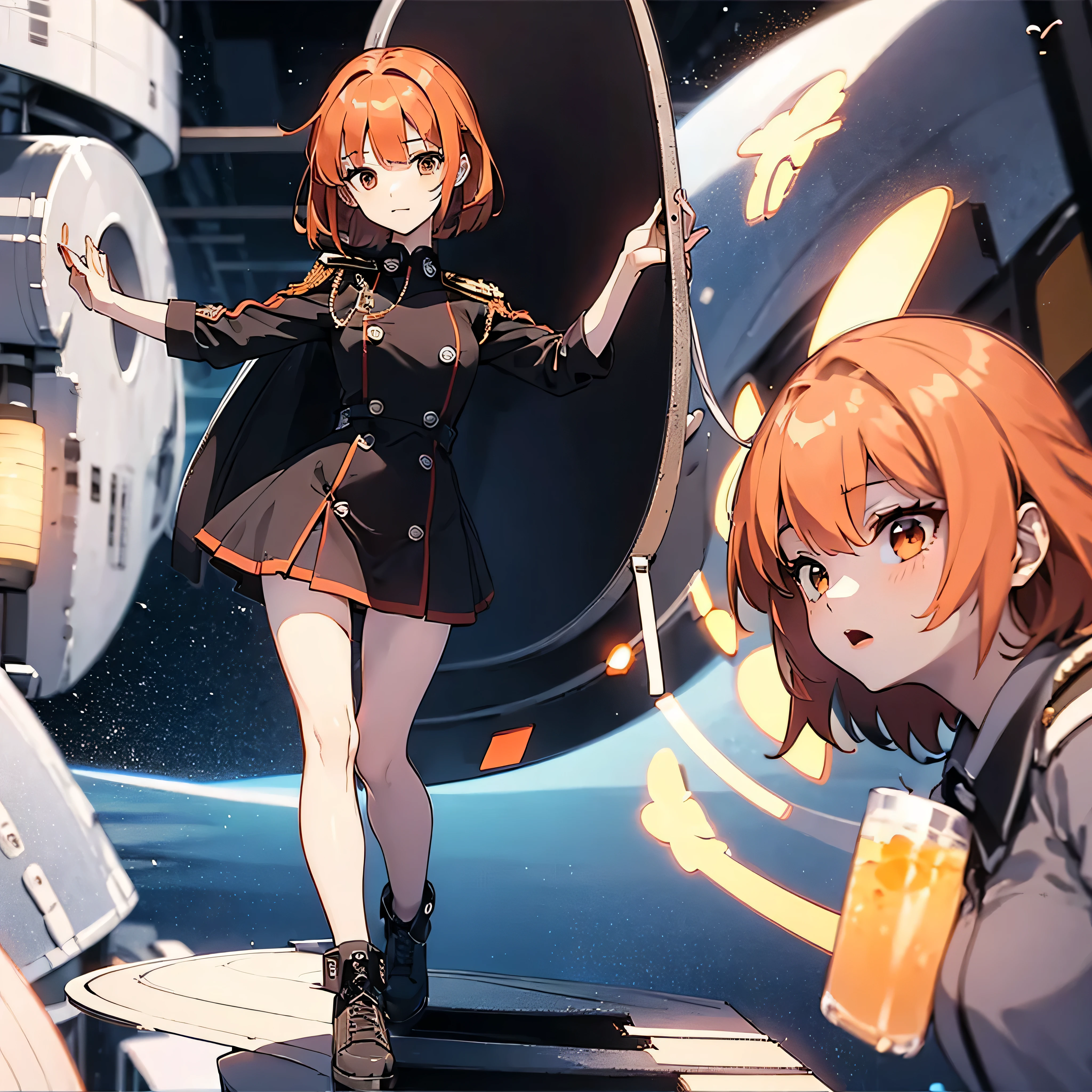 (solo:1.2), 1 ish girl standing in space ship, zero gravity, galaxy in distance, military uniform, too short skirt, (short orange hair), (very long sidelocks), narrow shoulders, narrow waist, skinny long legs, thigh gap, pigeon toed, (nsfw:0.8), orgasm, show off vagina squirting out pussy juice