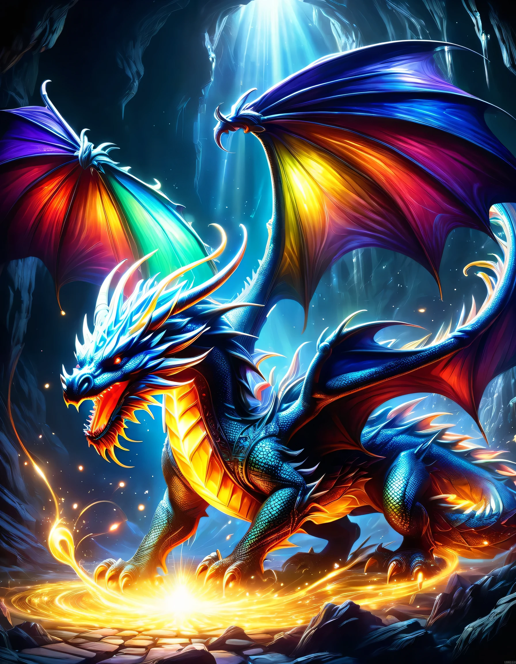 dragon,Dungeons & Dragons worldview,Light and shadow,Image for game introduction,dynamic,Dragon vs Human,masterpiece,best masterpiece,highest quality,rendering,rich colors,cast colorful spells,dream-like,Detailed details,In detail,,Bright colors,beautifulLight and shadow,magic,dream-like,Inspiration,beautiful,rendering,colorful,wonderful,particles of light,get used to it,masterpiece,best masterpiece,Art work using light,Artistic,get used to it,