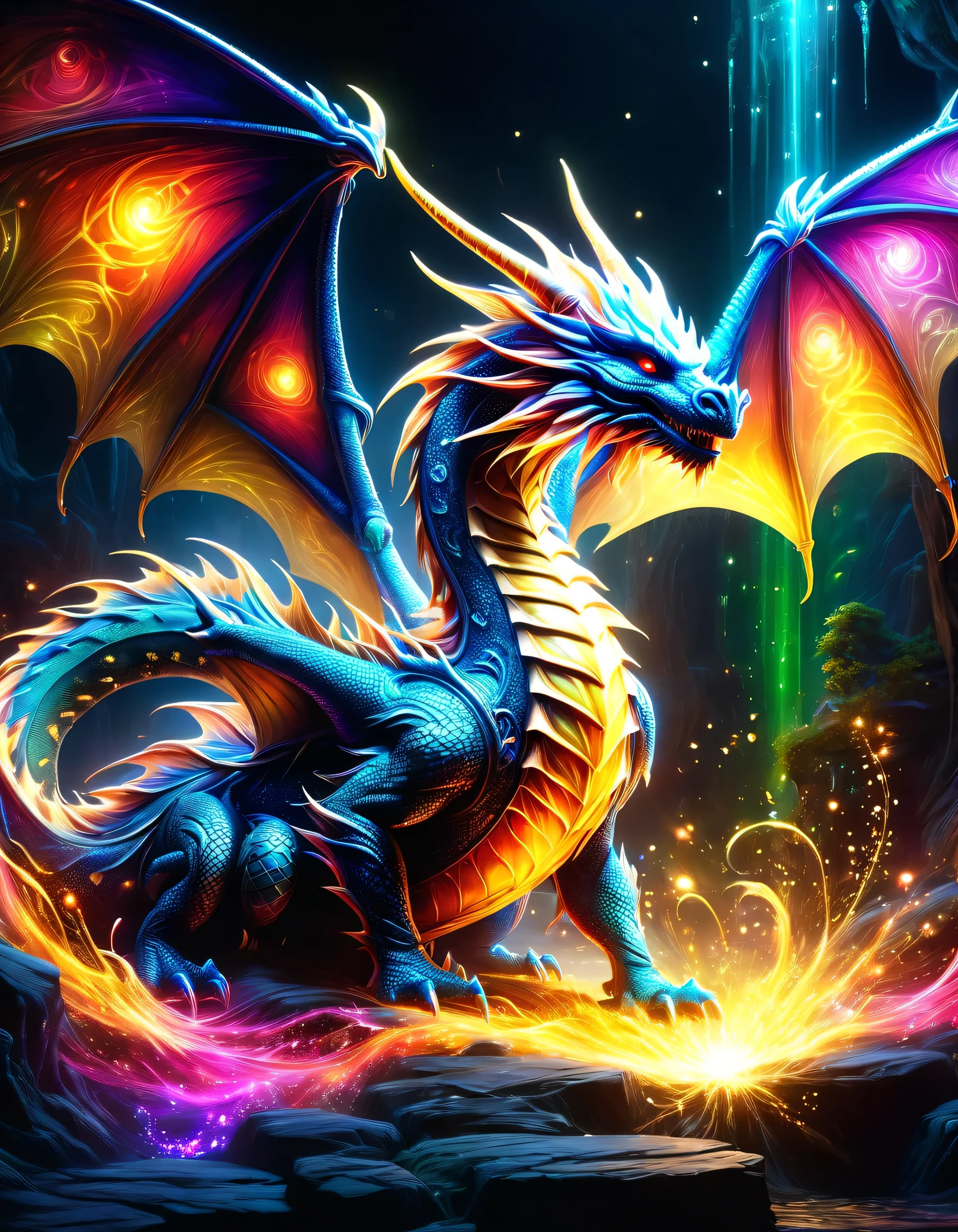 Dragons, warriors, magicians and healers,Dungeons & Dragons worldview,Light and shadow,Image for game introduction,dynamic,dragon vs human,masterpiece,best masterpiece,highest quality,rendering,rich colors,cast colorful spells,dream-like,Detailed details,In detail,,Bright colors,beautifulLight and shadow,magic,dream-like,Inspiration,beautiful,rendering,colorful,wonderful,particles of light,get used to it,masterpiece,best masterpiece,Art work using light,Artistic,get used to it,