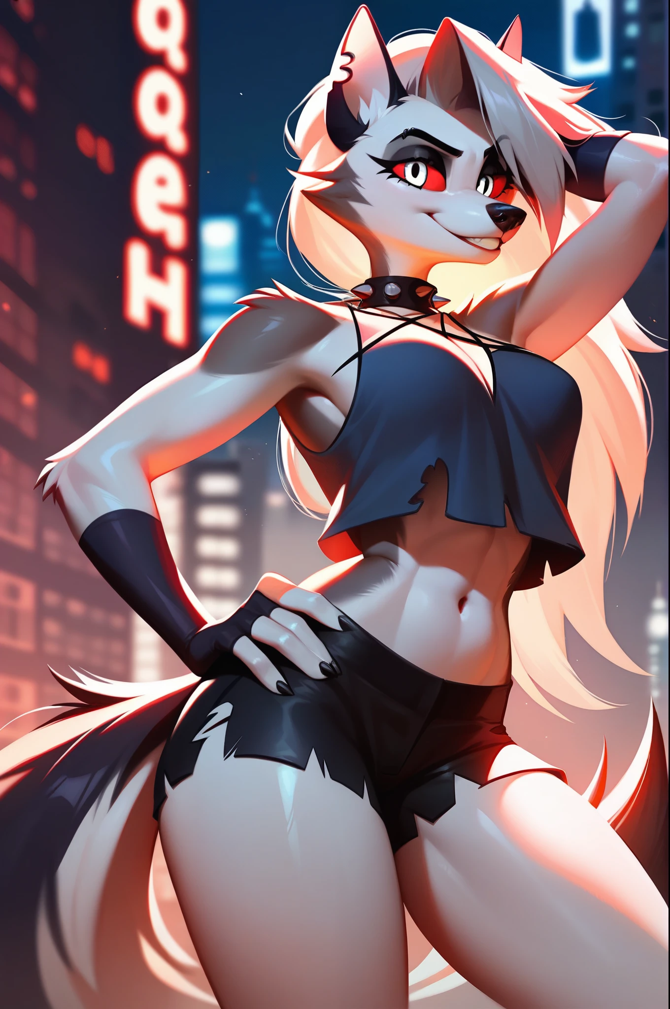 score_9_up,score_8_up,1girl,solo,amazing composition,incredible lighting,smiling,detailed background,shiny skin,outdoors,loona_(helluva_boss),anthro,city in hell,sleeveless shirt,short shorts,