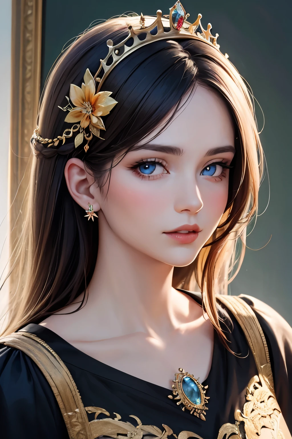 ((best quality)), ((masterpiece)), (detailed), perfect facemagnificent beauty, high resolution, realistic beautiful face, luxury royal hair ornament, elegant crown, hot girl hair, detailed light blue eyes, elegant low-cut outfit,kameraya hafif yandan bakış, oil painting portrait